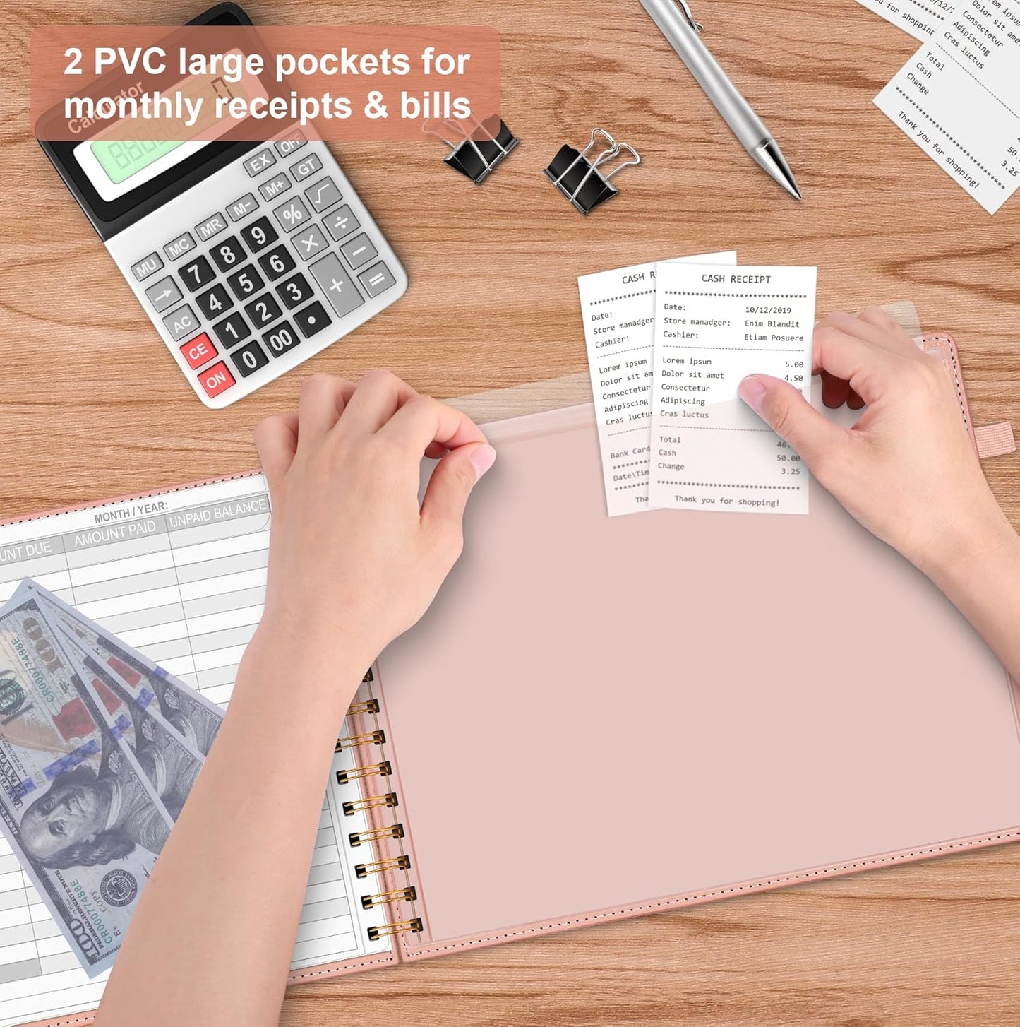 HAUTOCO Hardcover Bill Tracker Notebook Horizontal Monthly Bill Payment Organizer for Personal Budgeting Home Finance with 2 Storage Pocket Expense Checklist Tracking Planner 10.78 x 8'', Pink