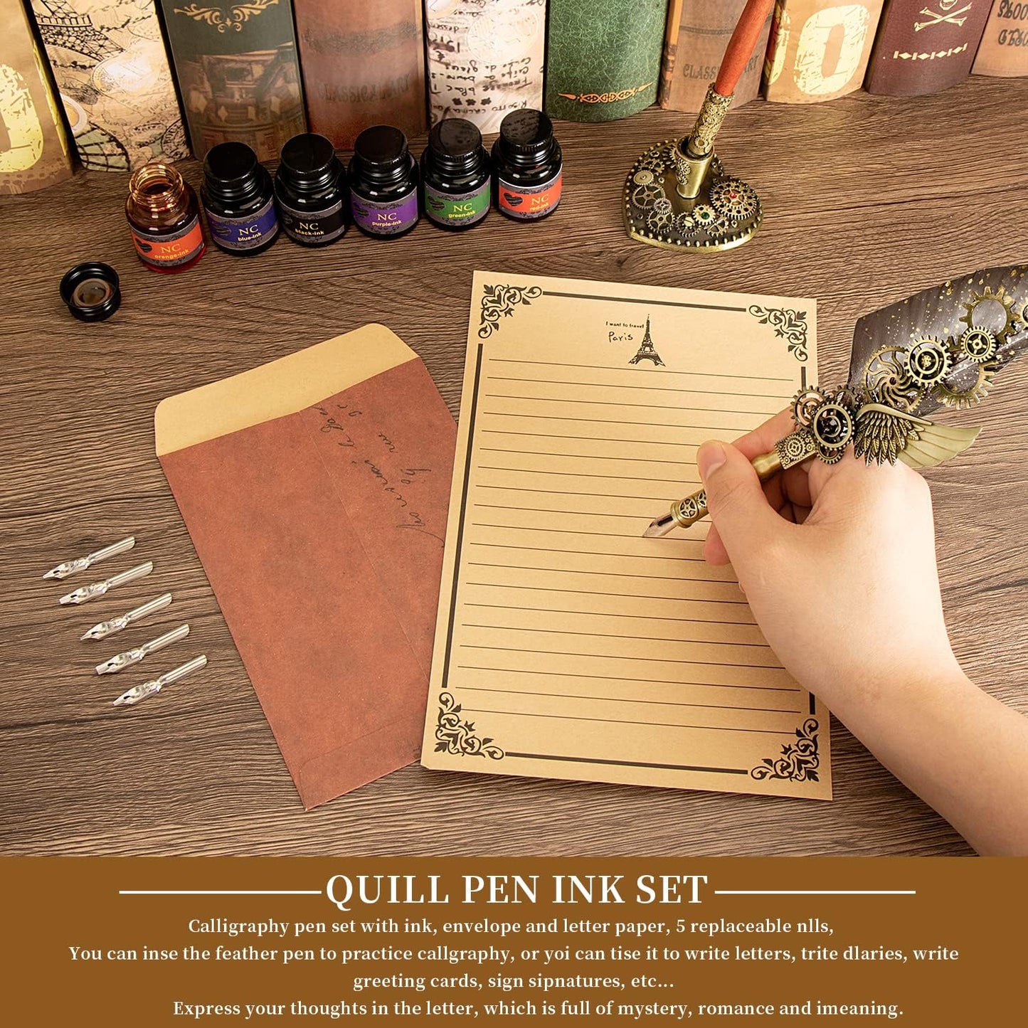 NC Quill Pen & Ink Set, Feather Calligraphy Pen, Wax Seal Stamp, Valentine's Day & Birthday Gift, Various Holiday Ideal Gift (Grey)