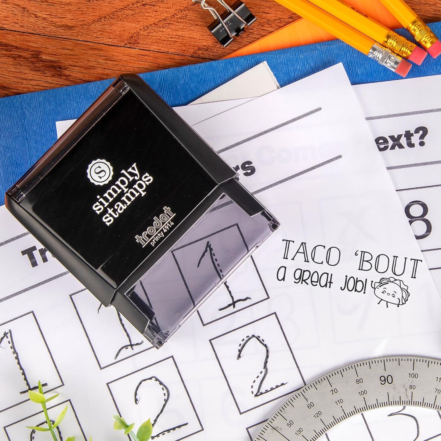 Custom Self-Inking Stamps | 49 Fun Phrases & Classroom, Library Book Stamps (Taco 'Bout a Great Job!, Xtra Wide Grading)