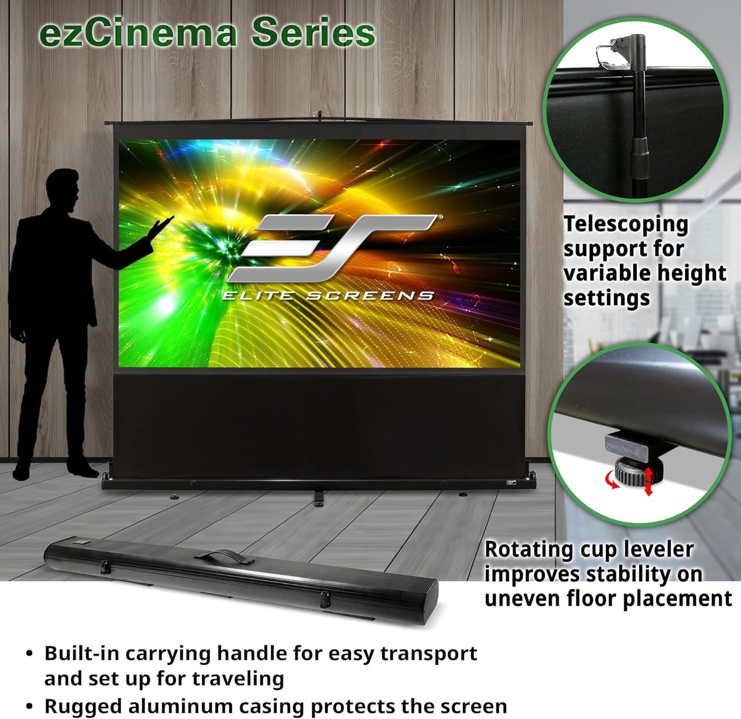 Elite Screens ezCinema Series, Floor Pull Up Manual Projector Screen, 135-inch 16:9, Portable Telescoping Support Bar Black Backing Home Theater Office Classroom Projection Screen, F135NWH, Black