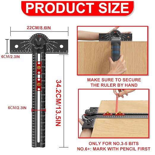 Woodworking T Square Ruler, 13.5 Inch Adjustable Angle 15-165° Measurement Tool - Image 4