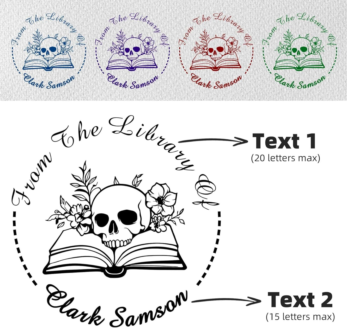 Skull Themed Library Book Embosser， Custom Book Business Card Paper Document Notebook, Self Inking Stamp，Book Lover Gifts，Christmas Gifts (Style06)