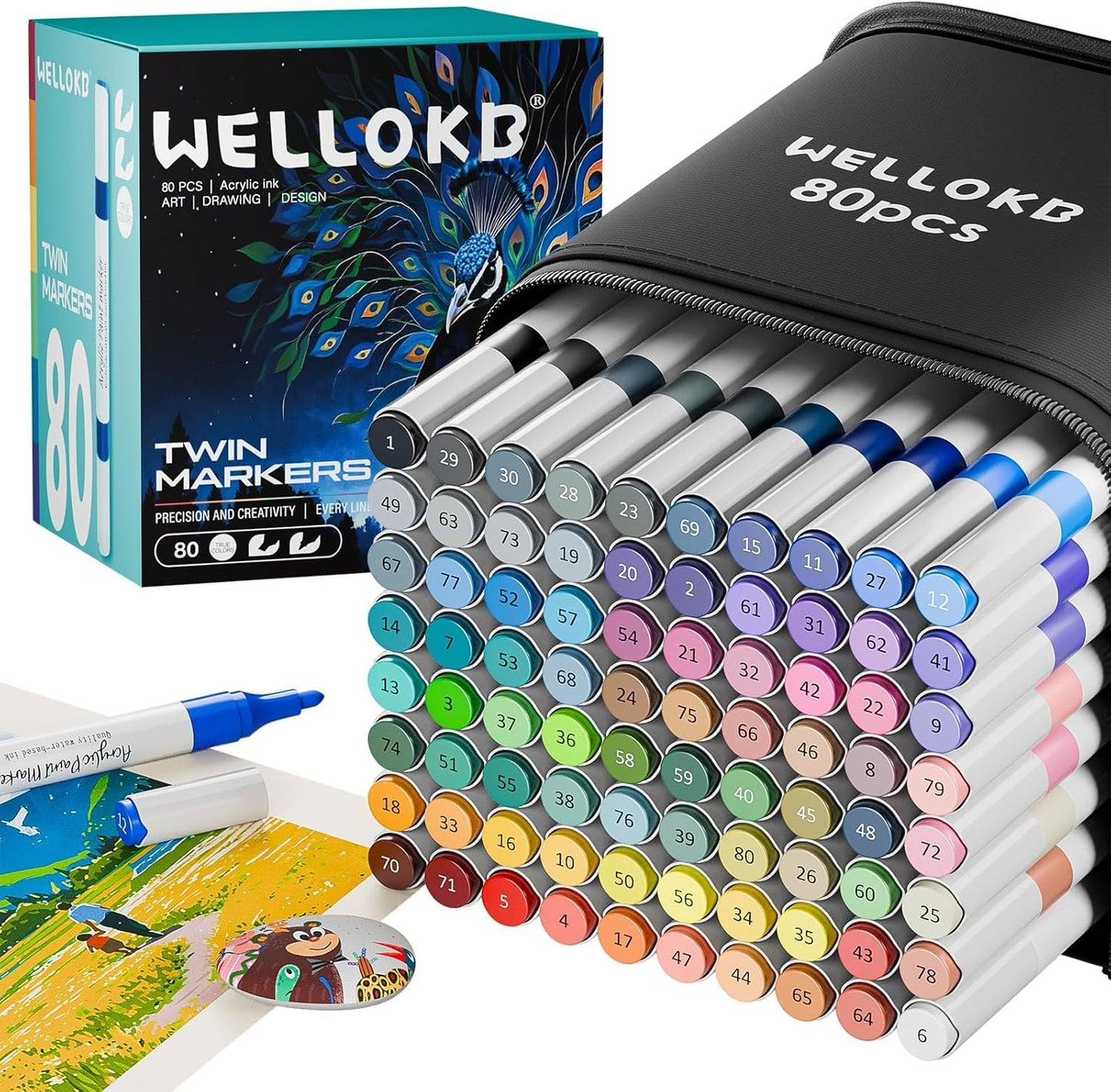 80 Colors Dual Tip Acrylic Paint Markers, Fabric Markers, Brush Tip Permanent Acrylic Paint Pens for Wood, Glass, Rocks, Paper, Coloring book,Ceramic,Canvas DIY Crafts for Adults,Kids and Art Supplies