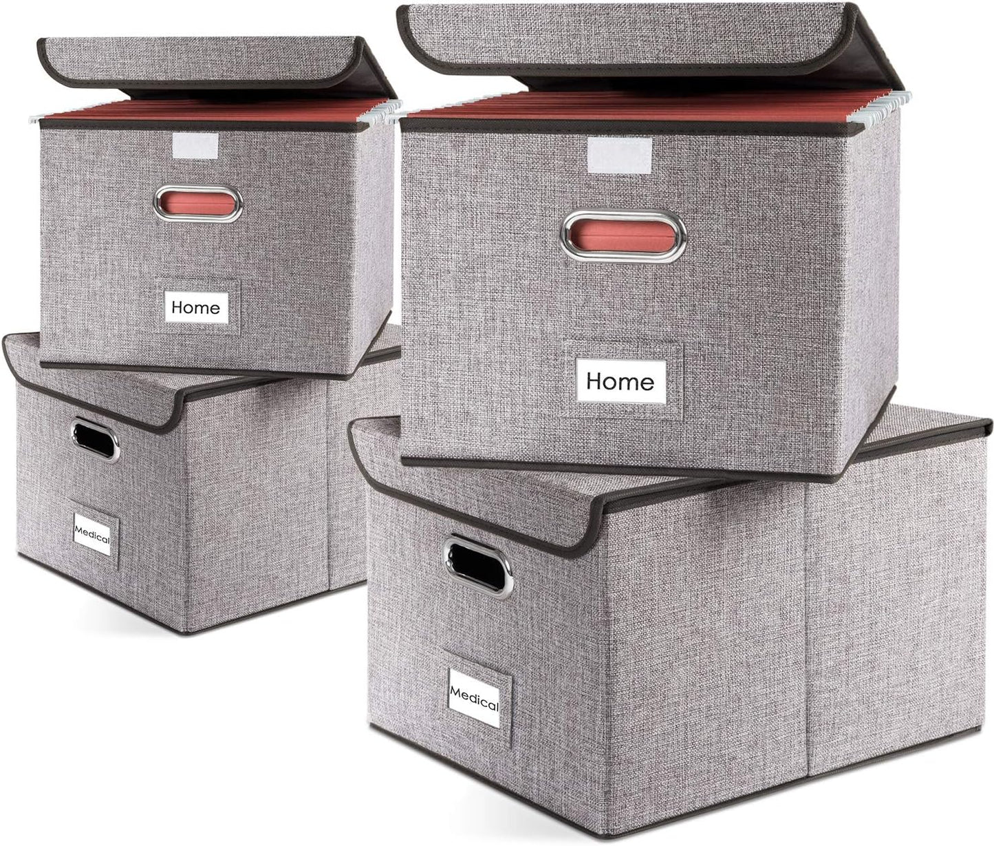 PRANDOM File Organizer Box - Set of 4 Collapsible Decorative Linen Filing Storage Hanging File Folders with Lids Office Cabinet Letter Size (15x12.2x10.75 inch)