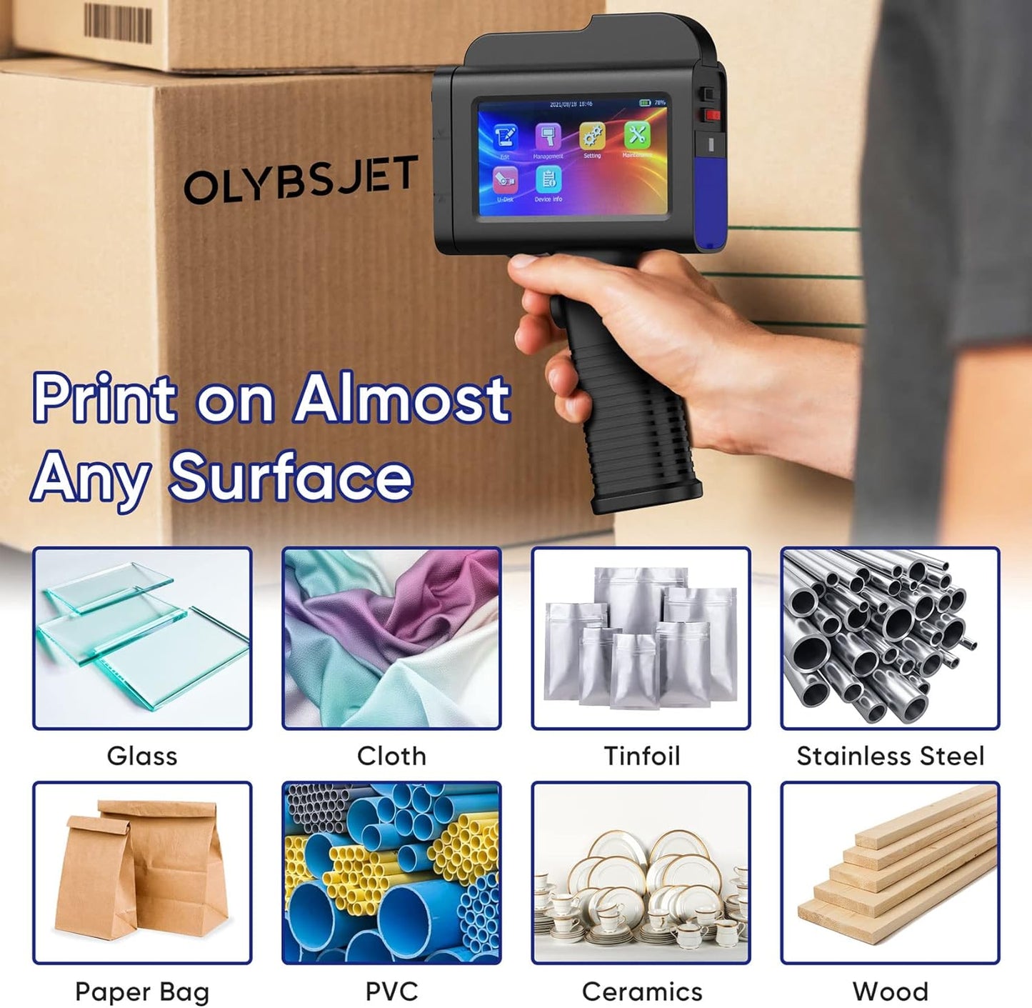 Handheld Inkjet Printer with LED Touch Screen for Code Date QR Logo Text Serial on Wood, Metal,Plastic,Pipe, Fabric,Cement, Leather and Glass Surface(Support 17 Language) (1inch/B35)