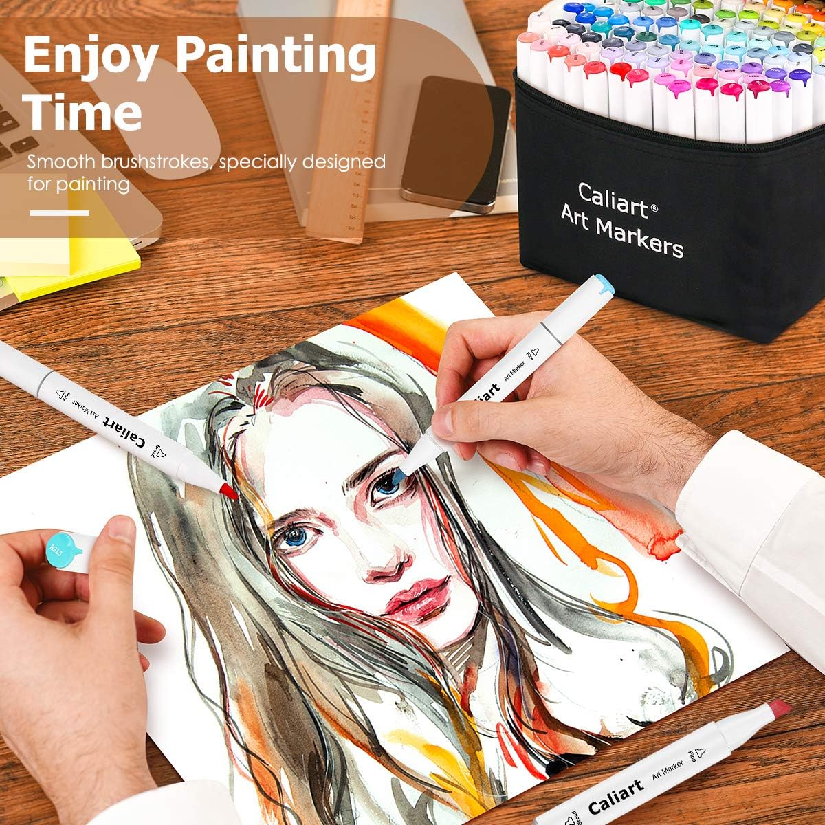 Caliart Alcohol Based Markers, 24 Colors Dual Tip Art Marker Set Fine & Chisel, Permanent Colored Pens for Adults Coloring Book Artists Illustration Sketch Lettering Drawing Cards Planner