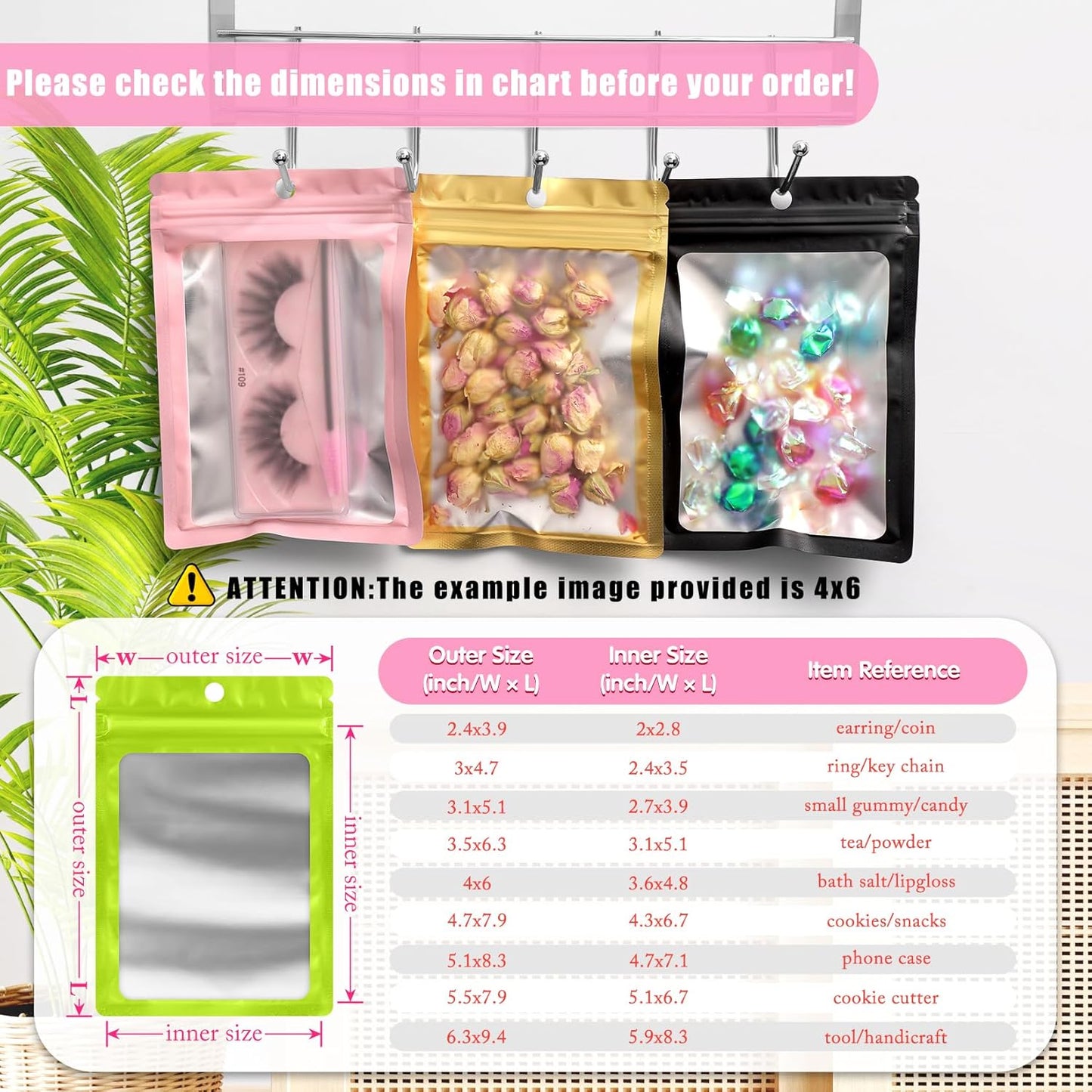 FUNFERY 100 Pack Mylar Resealable Bags Foil Packaging Bags with Clear Window,Zipper Pouch Smell Proof Bag for Food Storage,Cookies,Sample,Small Business(Green,2.4x3.9inch)