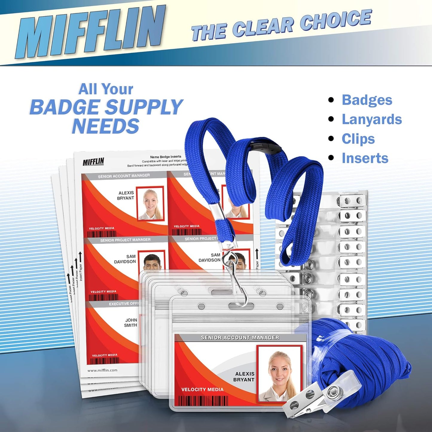 MIFFLIN-USA Flat Breakaway Safety Lanyard for ID Badges (Blue, 36 Inch, 100 Pack), Soft Woven Neck Line