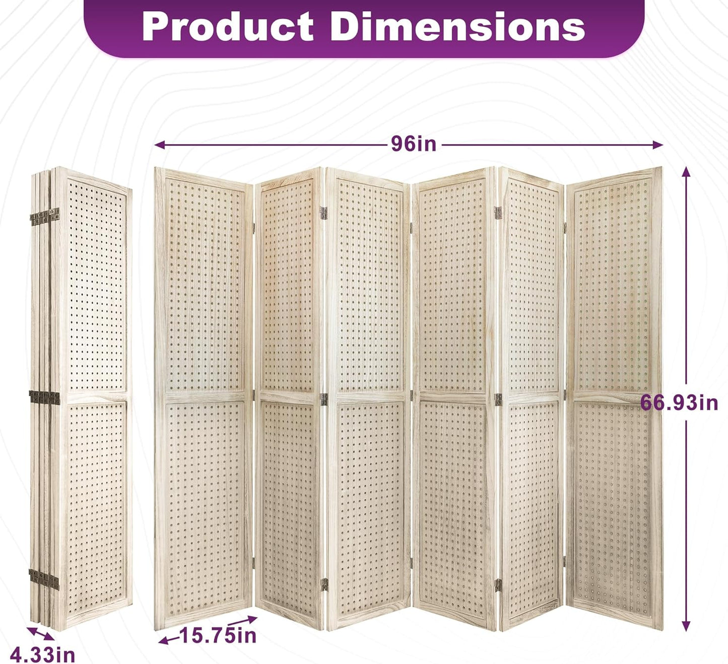2 Pack Room Divider, 5.6FT Folding Room Divider Panel, 6 Panel Pegboard Display Wood Partition Wall Divider for Room Separation& Craft Shows, Natural Wood