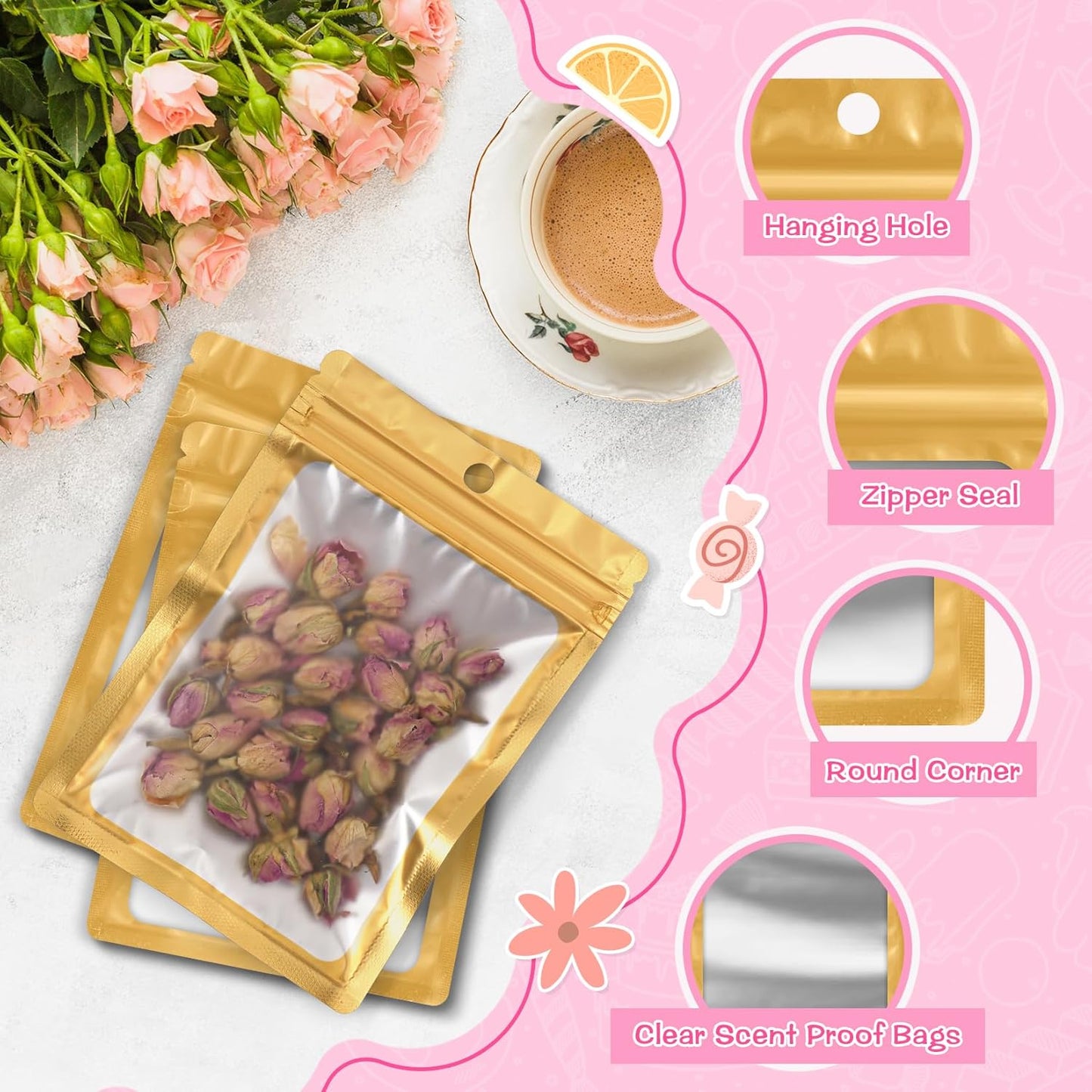 FUNFERY 100 Pack Mylar Resealable Bags Foil Packaging Bags with Clear Window,Zipper Pouch Smell Proof Bag for Food Storage,Cookies,Sample,Small Business(Gold,4x6inch)