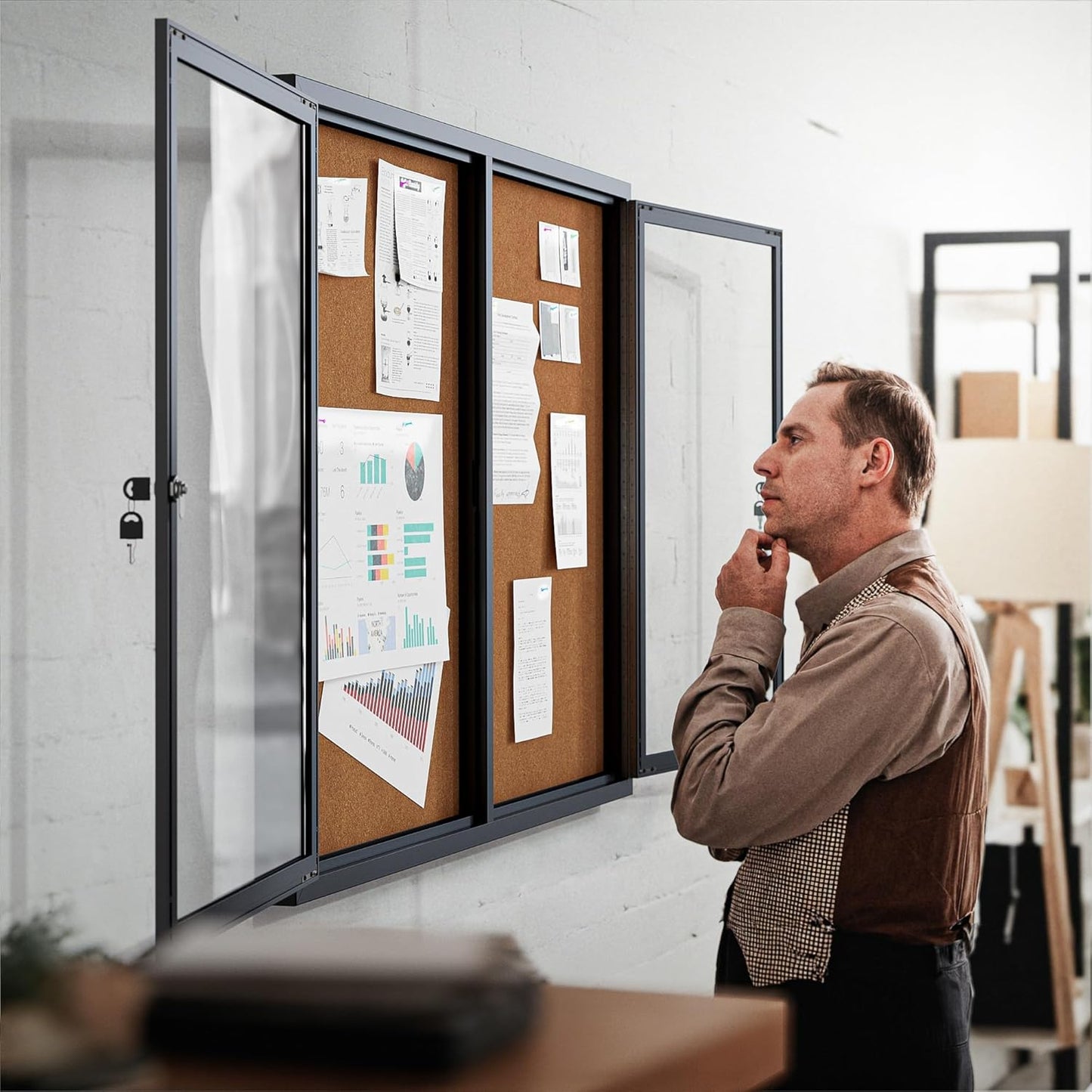 48"x36" Lockable Enclosed Bulletin Board, Outdoor Cork Weather-Resistant Aluminum Frame Notice Board, Wall Mounted Display Case Acrylic Doors for School,Office,Black Frame w/Cork