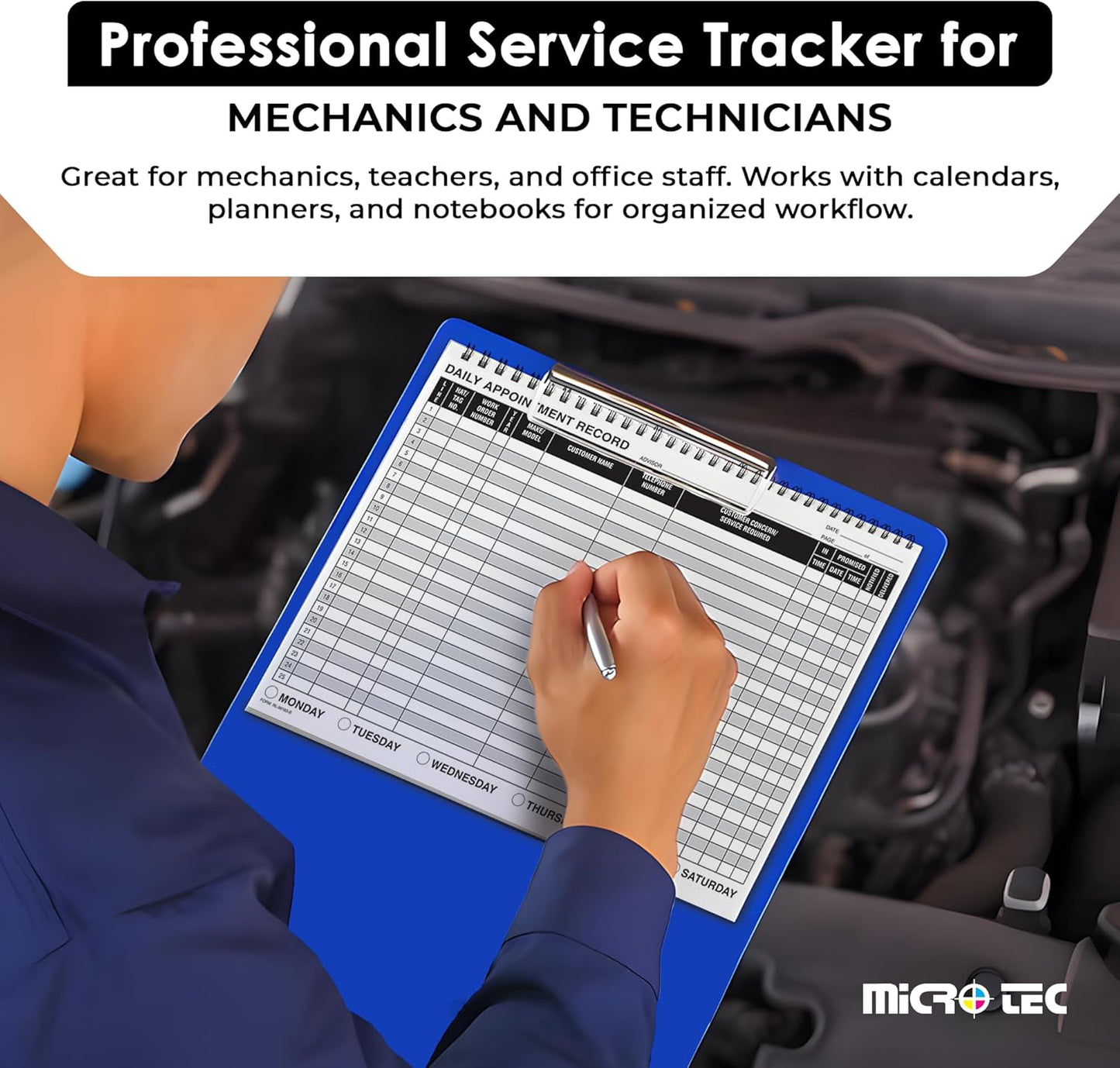 MICRO TEC Daily Appointment Record Log Books – 8.5" × 11" Spiral Bound Planner – Durable 90# Paper Notebook for Auto Repair Shops, Service Advisors & Daily Tracking - 100 Pages/Book (Book of 1)