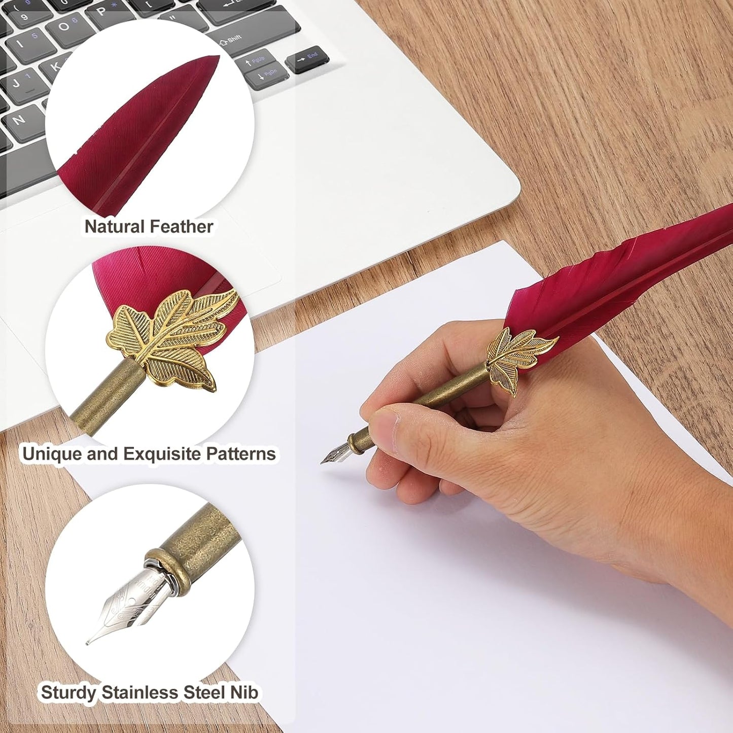 PATIKIL Feather Quill Pen Set, 1 Set Vintage Feather Calligraphy Pen Fountain Dip Pen Set with Ink, Pen Holder and Replacement Nibs for Beginner Writer Writing Gift, Dark Green(Silver Box)