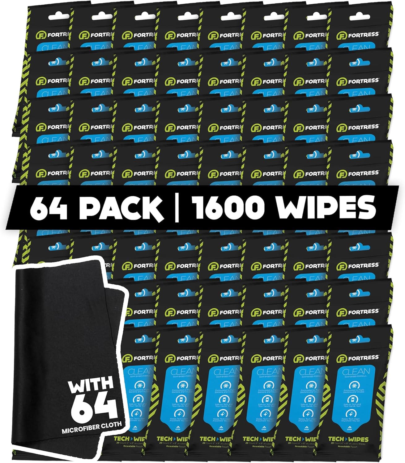 Fortress Electronic Wipes With Microfiber Cloth (25 ct, Pack of 64) To-Go Tech Wipes for Screens, Phones, Keyboards, TV Monitors, Computer Screens, and More [Travel Size] Skin-Safe