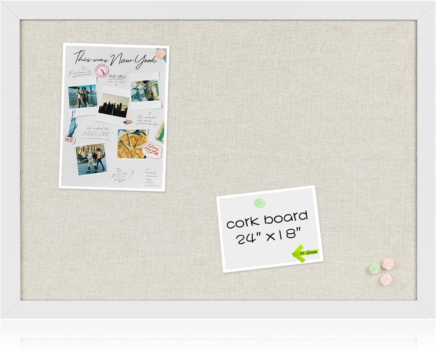 Board2by White Cork Board Bulletin Board with Linen, Wood Framed 24" x 18" Corkboard, Office Board for Wall Decor, Wall Mounted Pin Board Picture Board with 20 Pushpins for School, Home & Office