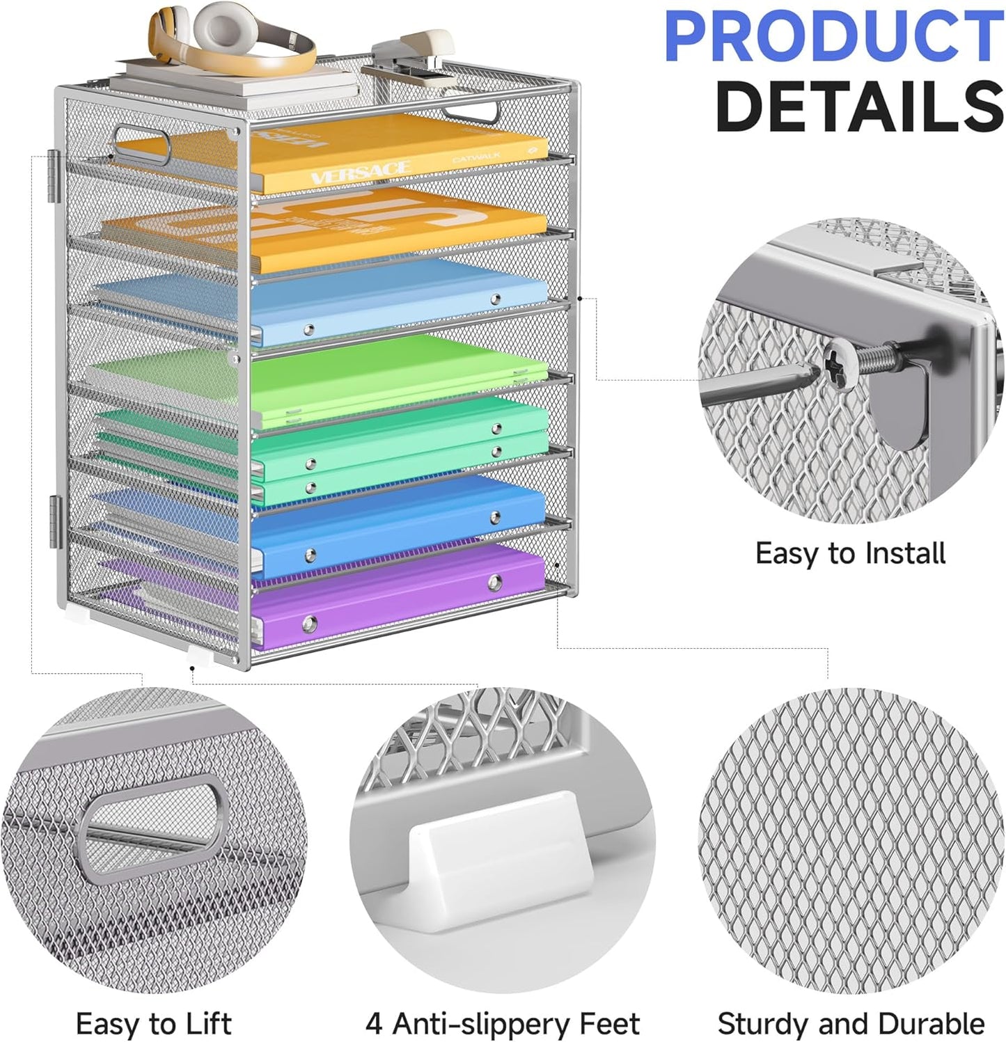 8 Tier Paper Organizer with Handle, Metal Mesh Desk File Organizer, Large Capacity Desk Organizers Paper Letter Tray Desktop Document Sorter for Office, Home or School - Silver