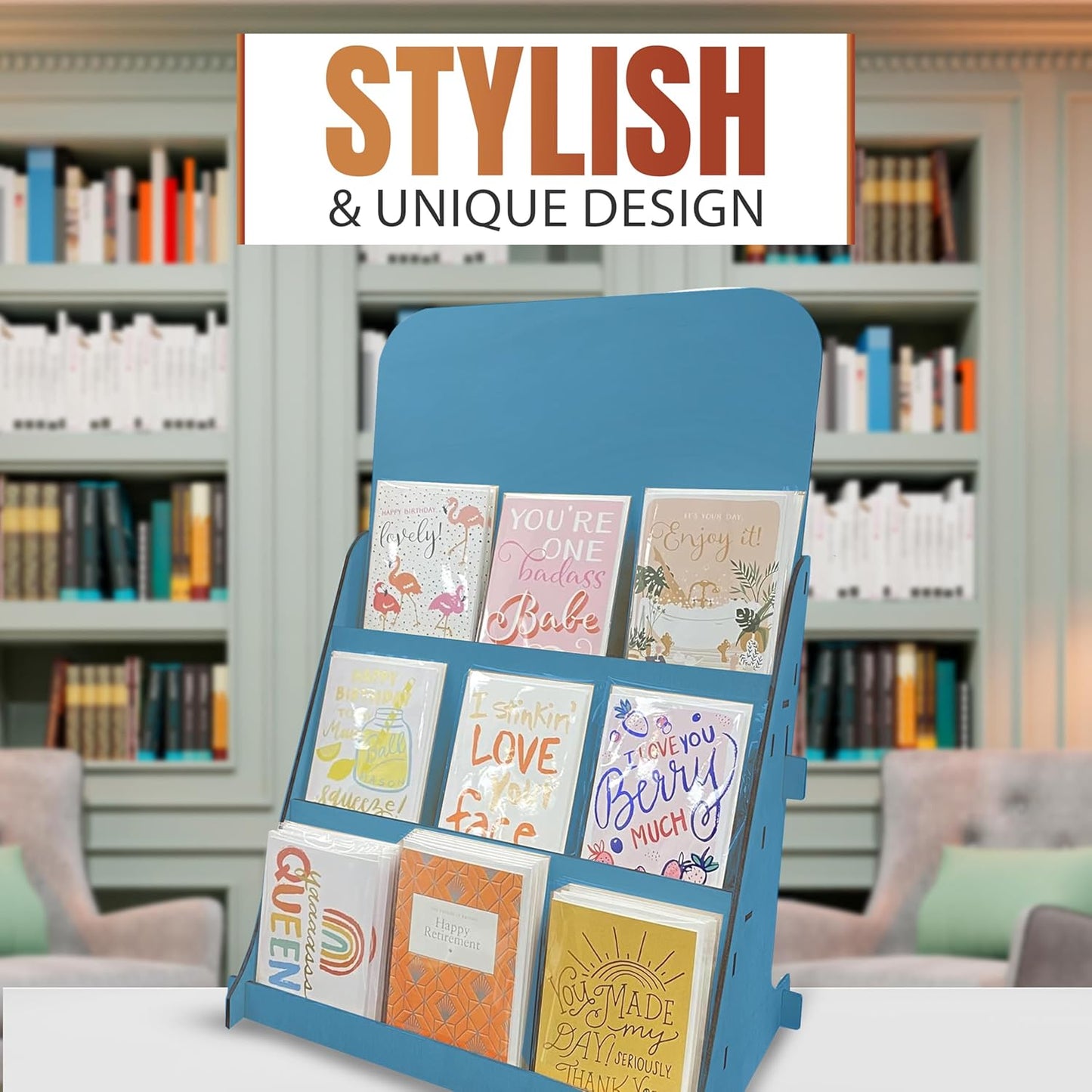 TORCHED DISPLAYS Greeting Card Organizer Display Stand – 3-Tiered Picture Stands for Display – Multipurpose Wooden Stand Ideal for Greeting Cards, Photos, Birthday Cards, Baseball Card Stand - Blue