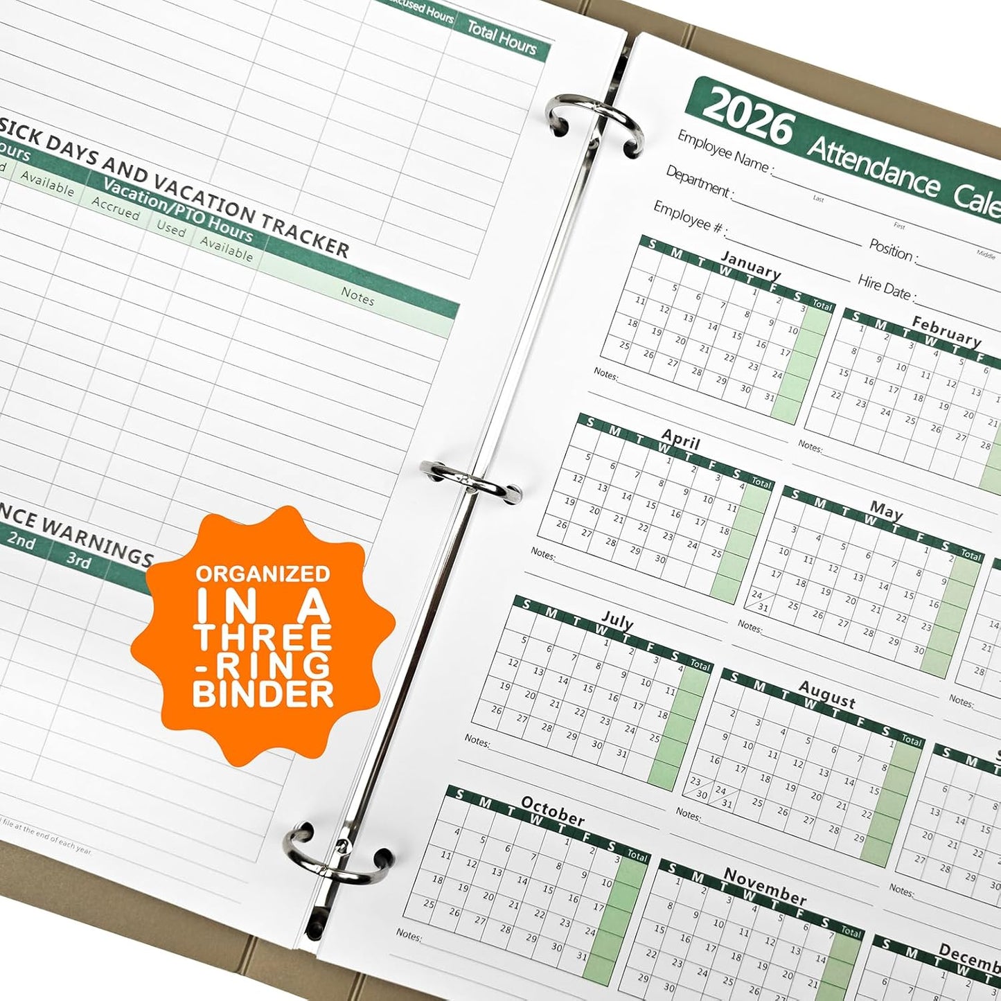 2026 Attendance Calendar - Record Employee Work Tracker Attendance Cards - Each Sheet 8.5 X 11 100lb CardStock Paper Make (25 Sheets -Green)