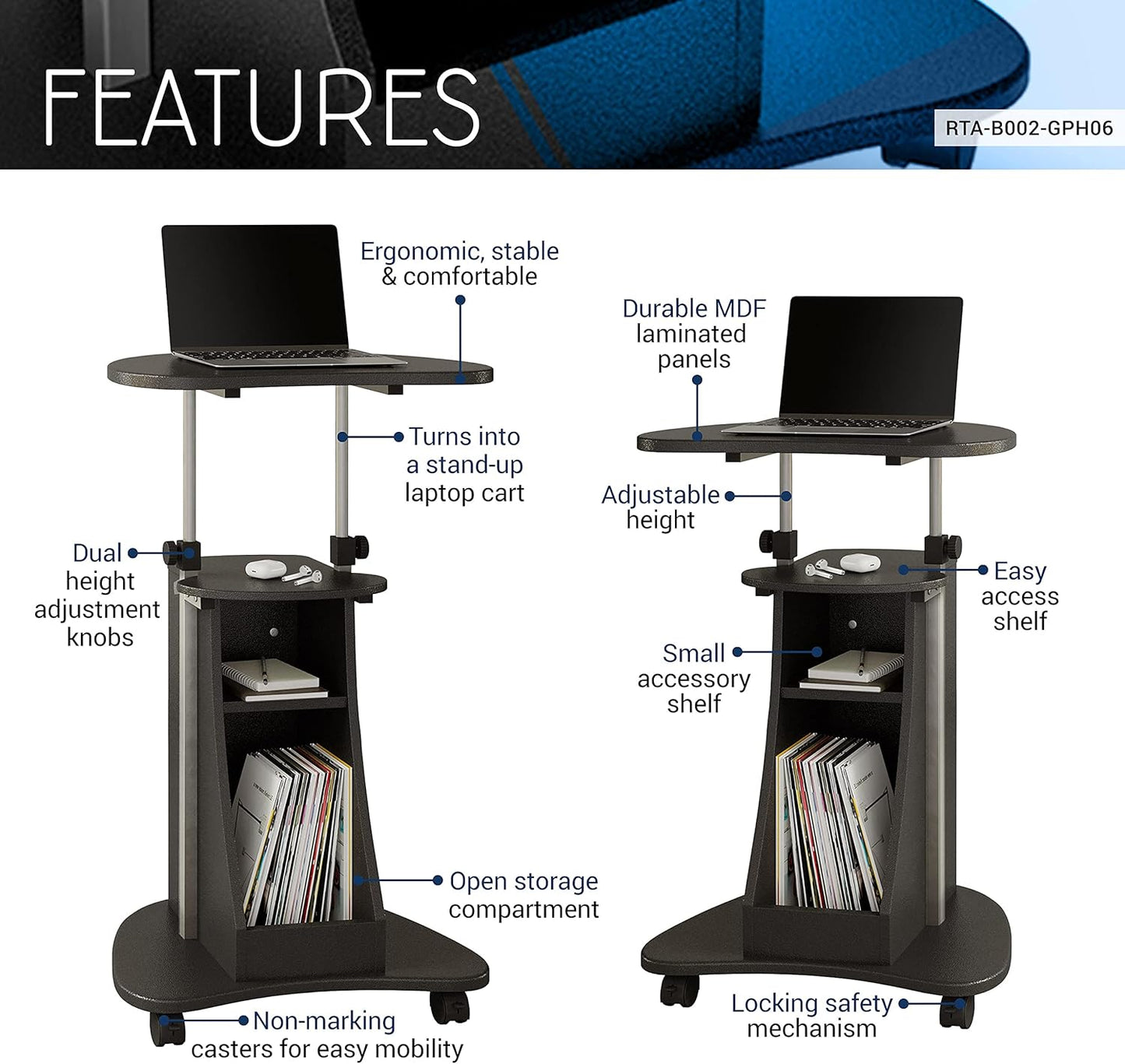 Techni Mobili Sit-to-Stand Rolling Adjustable Height Laptop Cart with Storage, Graphite, 22 x 16 x 46