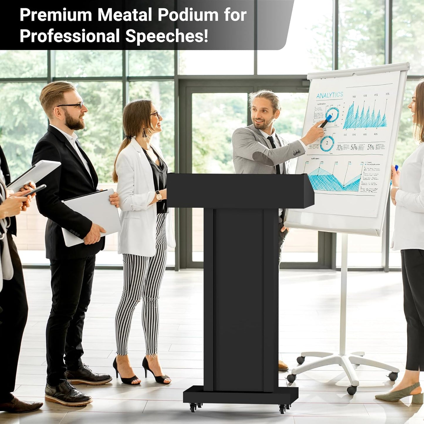 Tredre Podium Stand with Wheels for Lectern Presentation, Heavy-Duty Metal Pulpits for Offices, Classrooms, Conferences and Churches, Scratch-Resistant Surface, Hidden 2-Tier Storage, 46.5”H Black