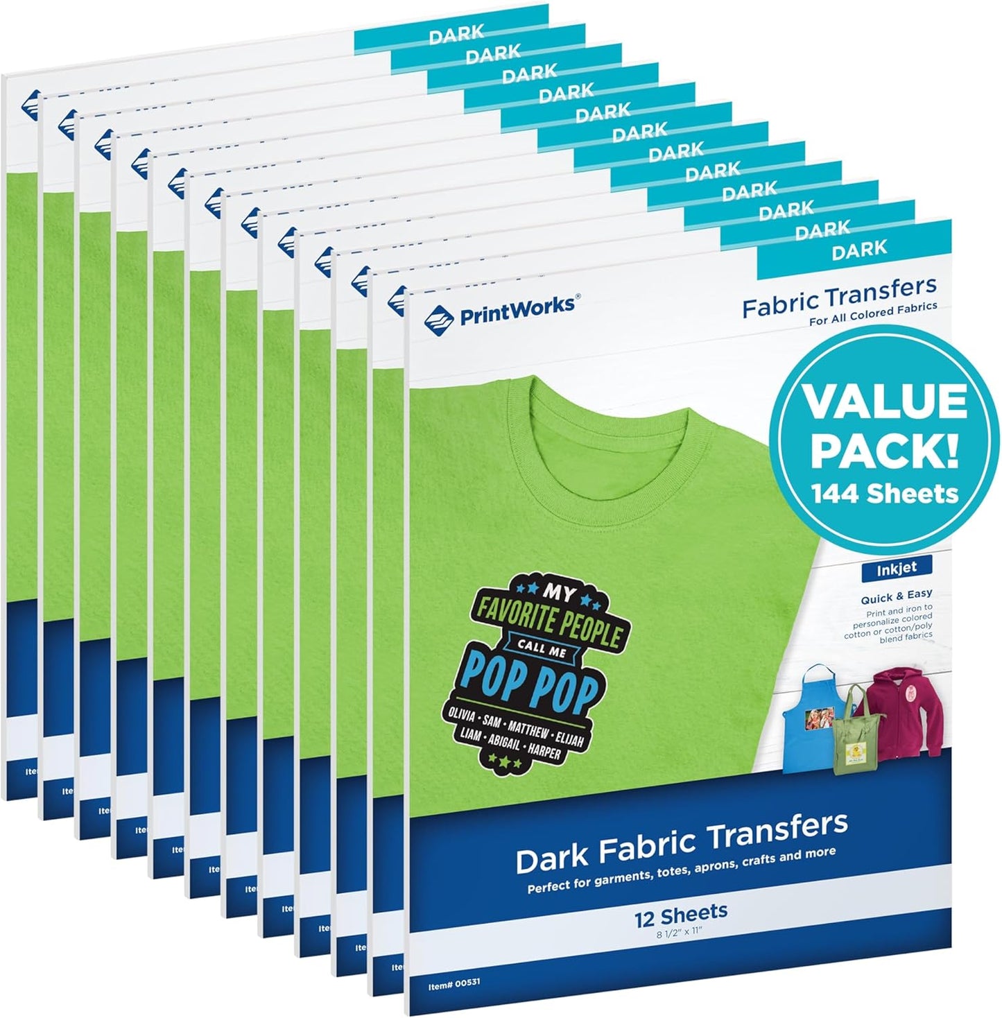 PrintWorks Iron on Heat Transfer Paper for Inkjet Printer - Printable Heat Transfer Vinyl for Dark Fabric (Printable HTV) - 8.5" x 11" - 144 Sheets - Made in The USA - Iron on Vinyl (00531C)
