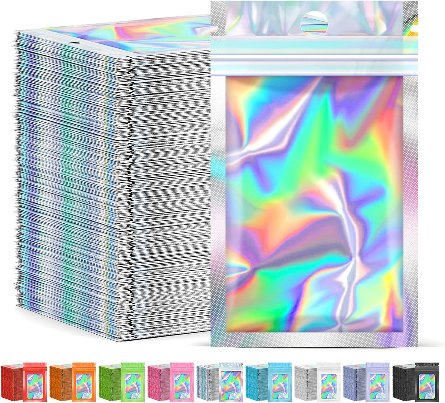 300 Pcs Mylar Bags, Smell Proof Bags Foil Pouch, Holographic Resealable Bags for Small Business, Candy Sample Jewelry Bag Sealable Packaging for Party Favor Food Storage (4x6in)