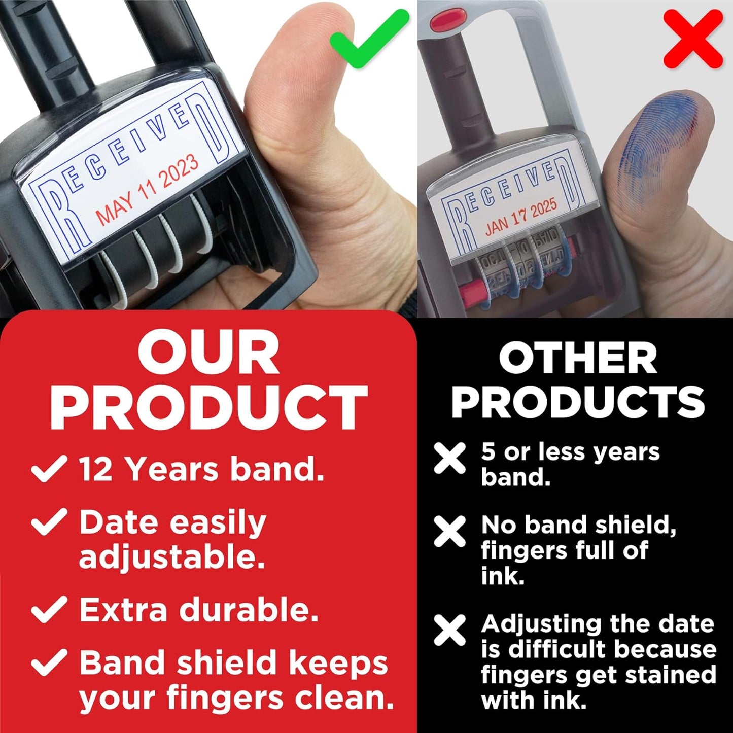 Self-Inking Rubber Date Office Stamp with Posted Phrase - Blue Ink & Date Red Ink - 12-Year Band