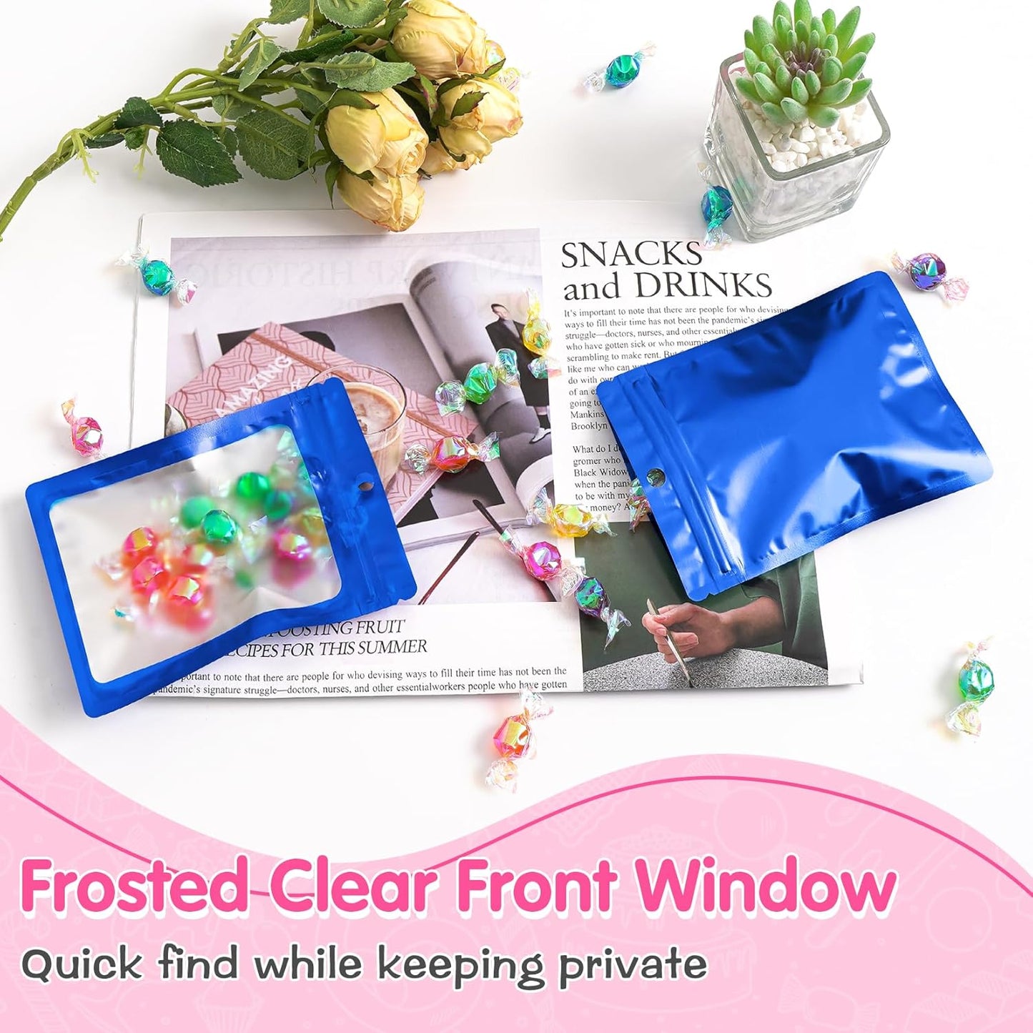 FUNFERY 100 Pack Mylar Resealable Bags Foil Packaging Bags with Clear Window,Zipper Pouch Smell Proof Bag for Food Storage,Cookies,Sample,Small Business(Blue,4x6inch)