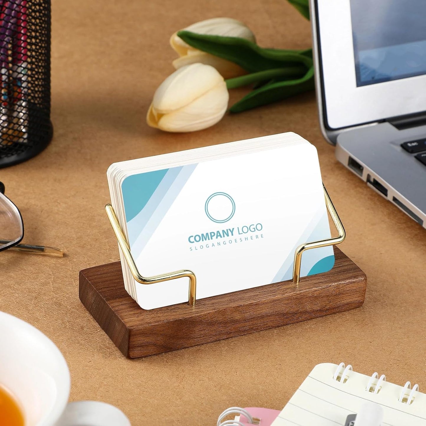 Amyhill 2 Pieces Wood Business Card Holder for Desk Wooden Business Card Display Stand Postcard Holder for Office Home Desktop (Wood Color, Gold)