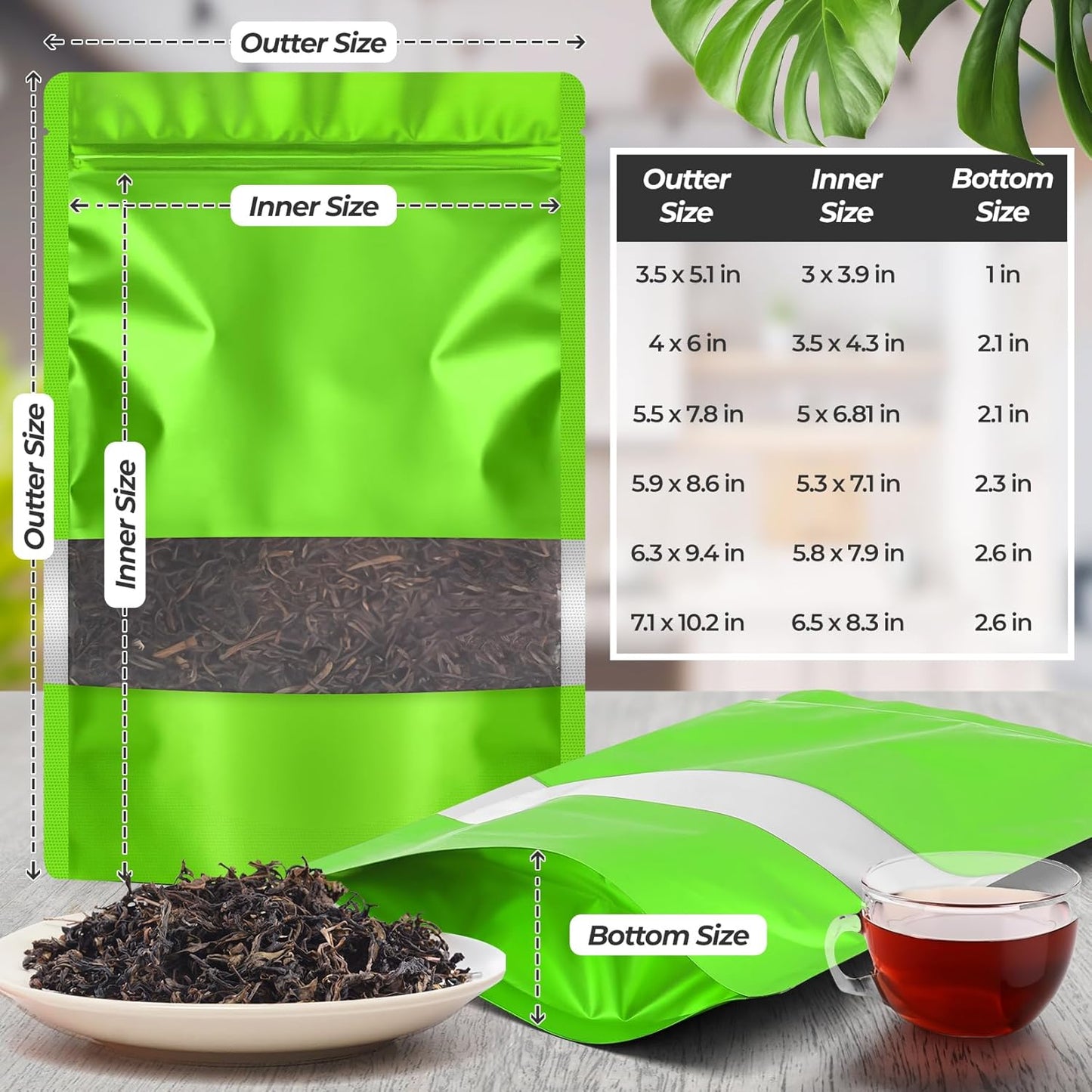 Funfery 100 Pcs Smell Proof Packaging Bags,Mylar Clear Bags for Food Storage,Sealable Bag for Packaging,Stand Up Pouches with Window,ReSealable Bag for Small Business,Cookies,Candy(Green,4x6in)