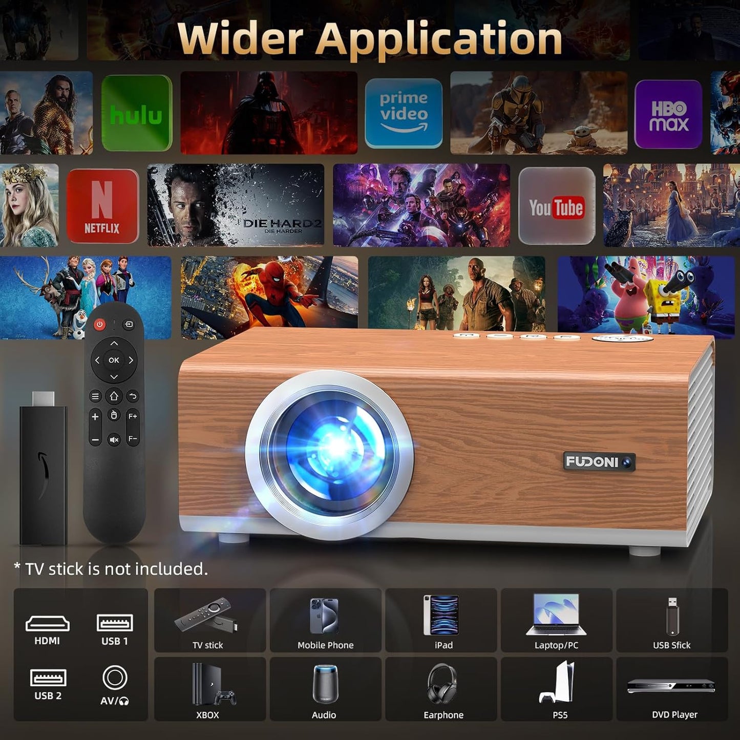 [Electric Focus/4K Support] Projector with WiFi 6 and Bluetooth 5.4, Highlight Native 1080P Outdoor Movie Projector, FUDONI Home Theater Auto 6D Keystone & Max 300"Screen, for iOS/Android/TV Stick