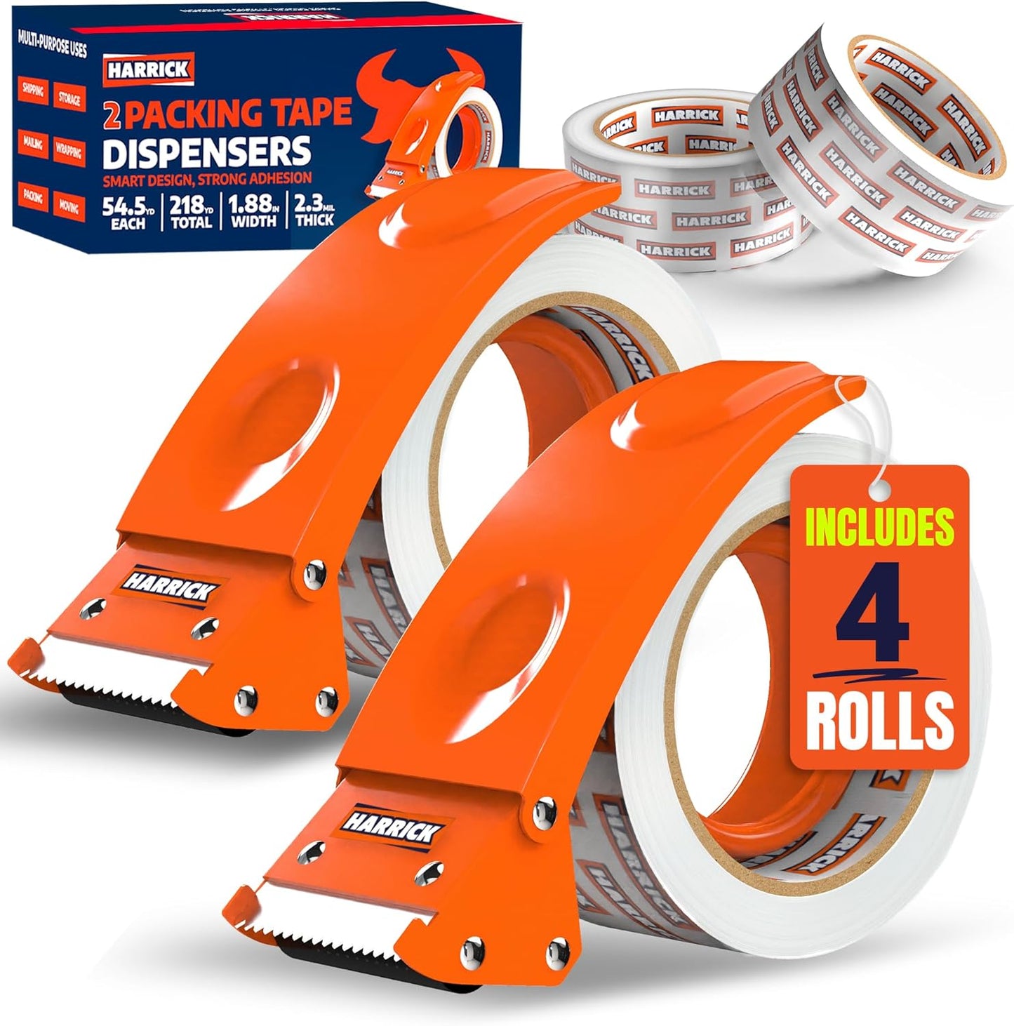 Clear Packing Tape with Dispenser 1.88 inch - Metal Strong & Durable Heavy Duty Packing Tape with Dispenser - Strong Strapping Tape with Dispenser Easy Tear & Seal - 4 Rolls / 2 Dispenser / 218 Yards