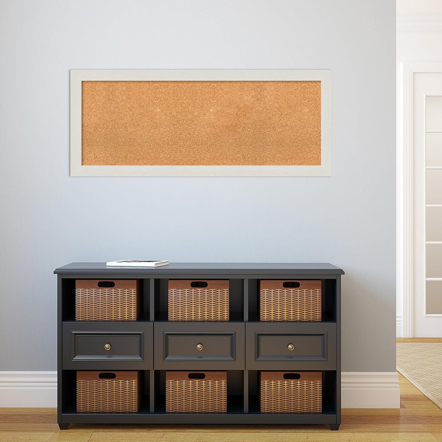 Amanti Art Natural Cork Board for Wall, 19x47 Vision Board with White Frame, Oversize Corkboard Office Decor for Home Organization, Country Rustic Corkboard Pinboard to Display Items for Home