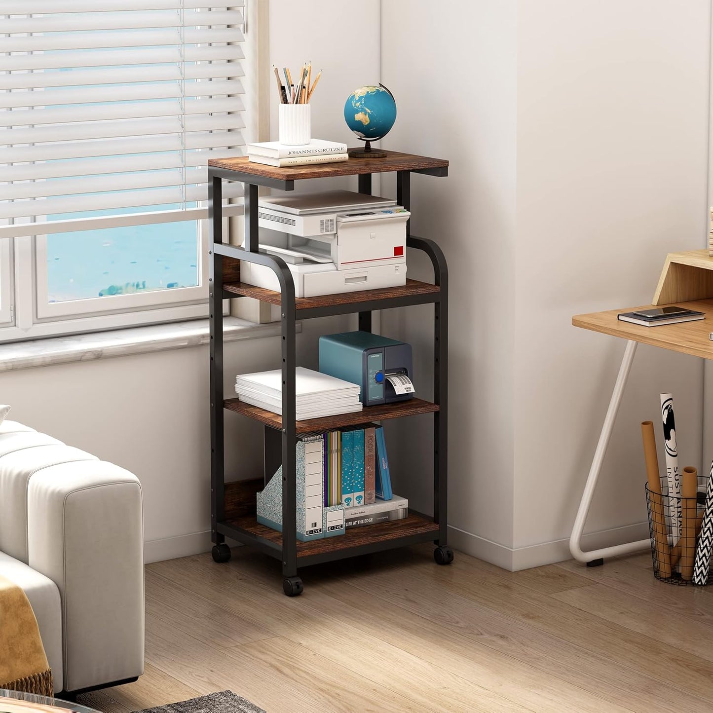 4-Tier Printer Stand with Adjustable Storage Shelf, Large Tall Printer Table with Wheels for Home Office Small Spaces Organization, Rustic Brown