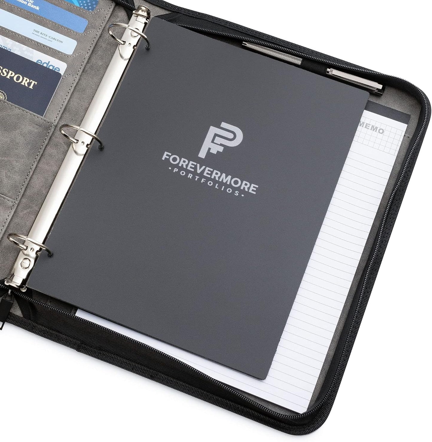 Portfolio Organizer - 1.5" 3 Ring Binder with Notepad - Zippered Storage Pouch for Papers, Travel Documents, Presentation Folder with Pockets for Card, Passport, Tickets - Gray