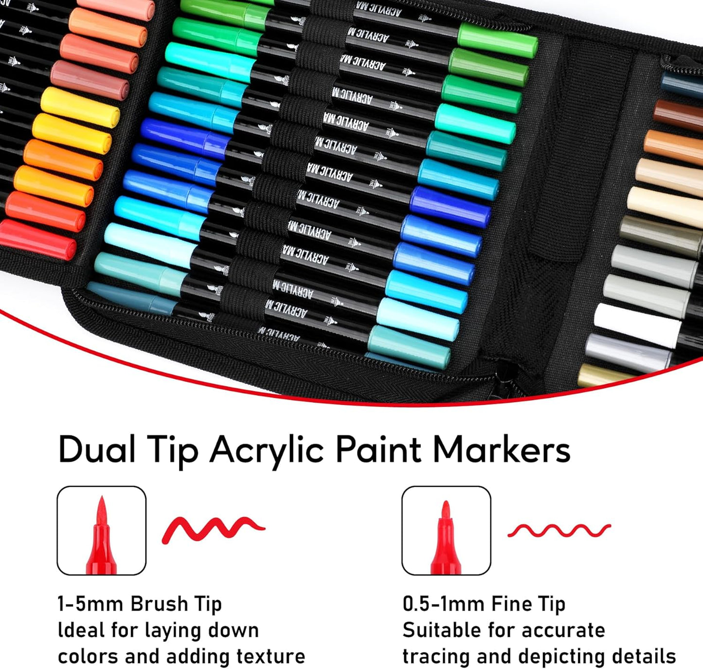 48 Colors Acrylic Paint Markers, Dual Tip with Fine Tip and Brush Tip Pens for Stone, Wood, Calligraphy, Canvas, Ceramic, Metal, Glass, Rock Painting, DIY Crafts Art Supplies Kit