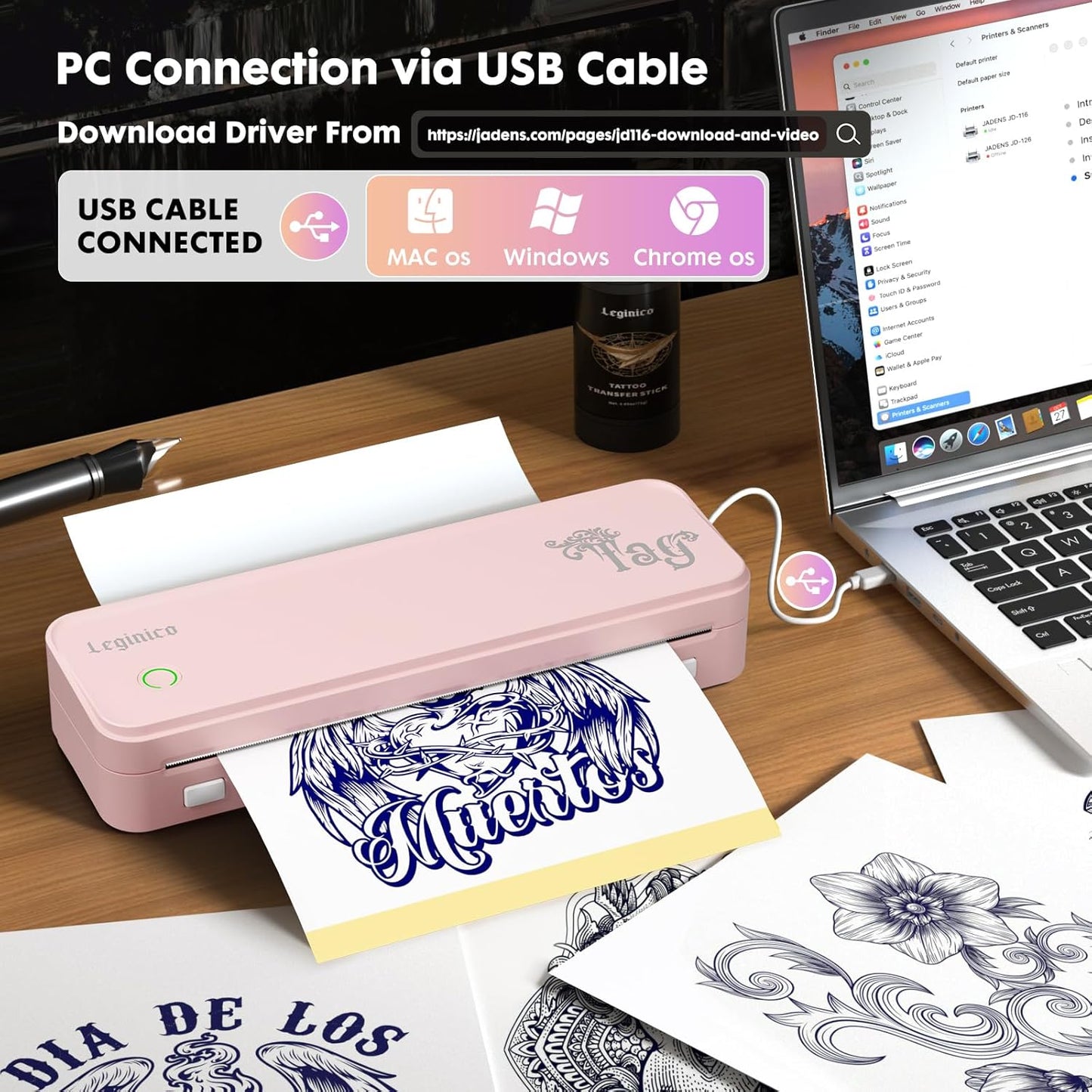 Tattoo Stencil Printer with 40pcs Transfer Paper, Bluetooth Thermal Tattoo Printer Machine for Beginners & Artists, Compatible with Android & iOS, PC(Pink)