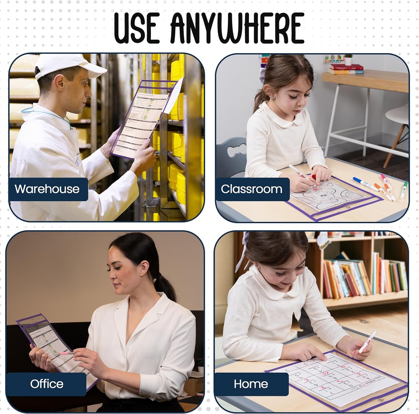 Essex Wares - 6 Pack, Purple, Dry Erase Pocket Document Protectors, 10" Wide x 13.5" Tall - Dry Erase Clear Plastic Sleeves - Reusable & Easy Erase Plastic Invoice Holders, Water-Resistant & Durable