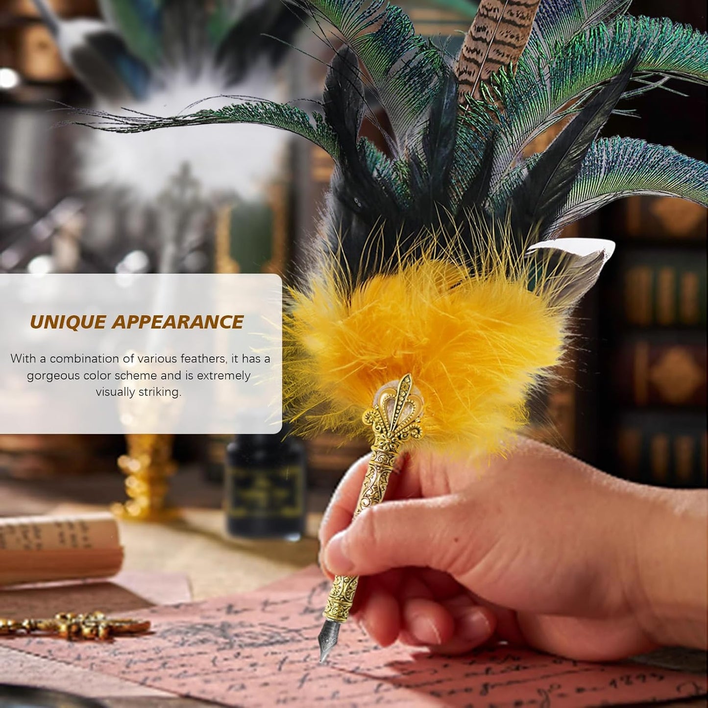 CROWN GUIDE Luxury Feather Pen with Black Ink Set - 13.8" Peacock Fancy Quill Fountain Pen for Writing Calligraphy, Wedding Nikkah Pen for Guest Book Journaling Gift, Gold
