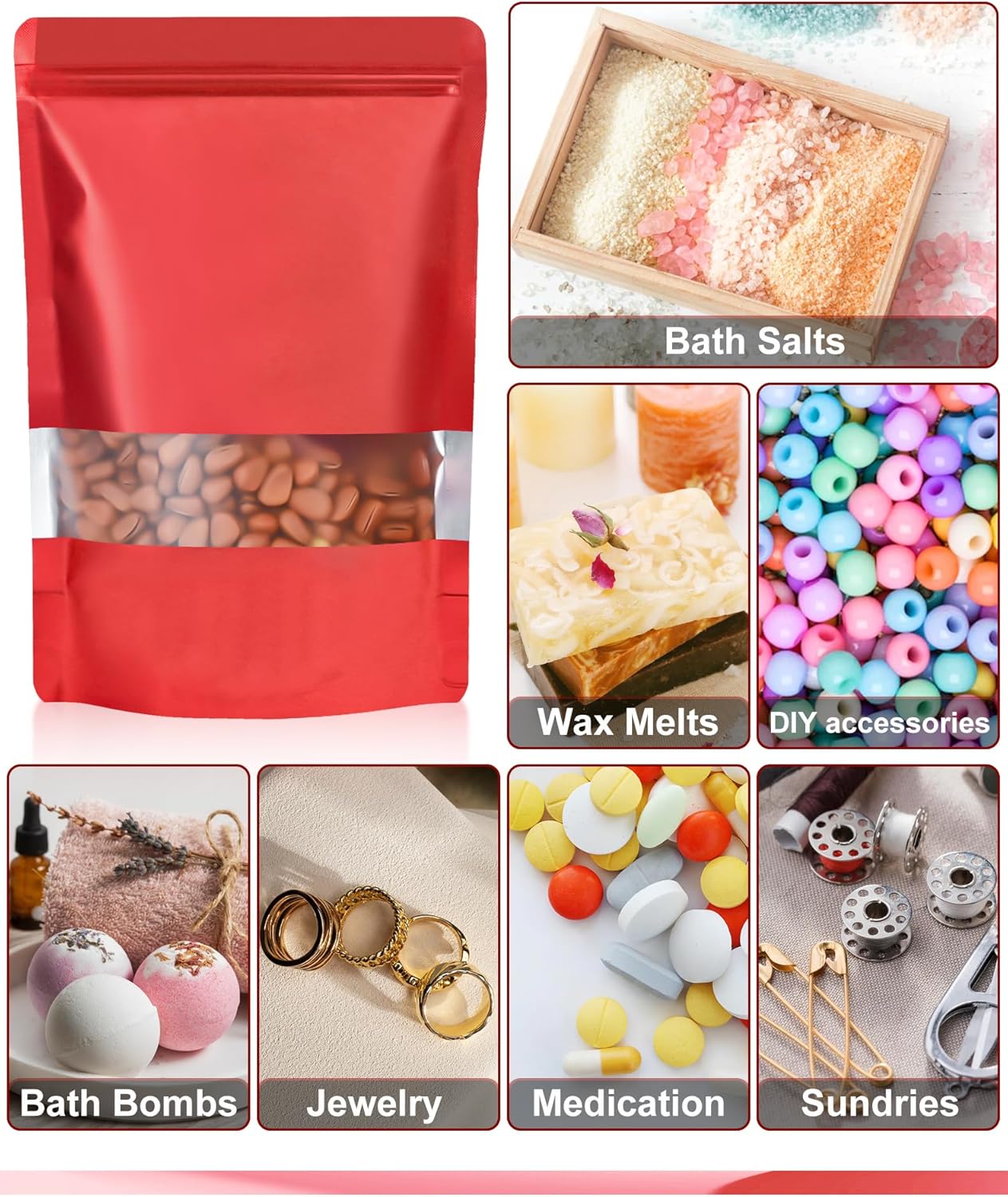 FireKylin 100 Pack Smell Proof Bags 5.5" x 7.8", Resealable Bags with Matte Window, Foil Pouch Stand Up Sealable Bags for Packaging（Red）