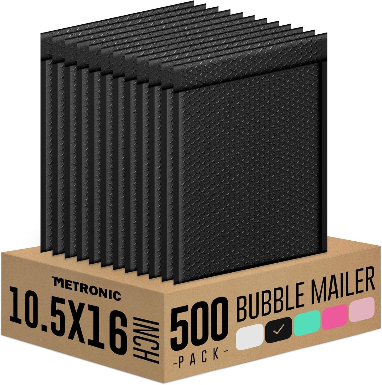 Metronic 500Pcs Poly Bubble Mailers, 10.5X16 Inch Envelopes Padded Bulk, Bubble Envelopes Lined Wrap Polymailer Bag for Shipping/Packaging/Mailing Self Seal Black, Usable Size Bubble Mailers 10.5X15