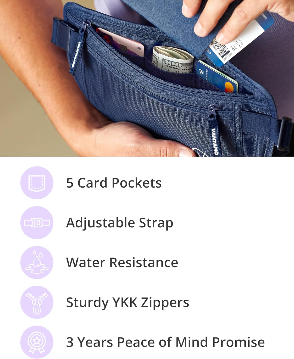 Vantamo Hidden Money Belt For Extra Safety, RFID Ultra-Thin Fanny Pack, 2 Compartment Money Bag Fits Passport & Phone