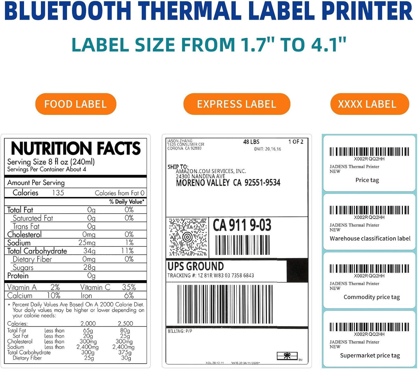 JADENS Bluetooth Thermal Shipping Label Printer - High Speed 4x6 Wireless Label Maker Machine, Support PC, Phone, USB for MAC, Compatible with Ebay, Amazon, Shopify, Etsy, USPS Barcode, Mailing