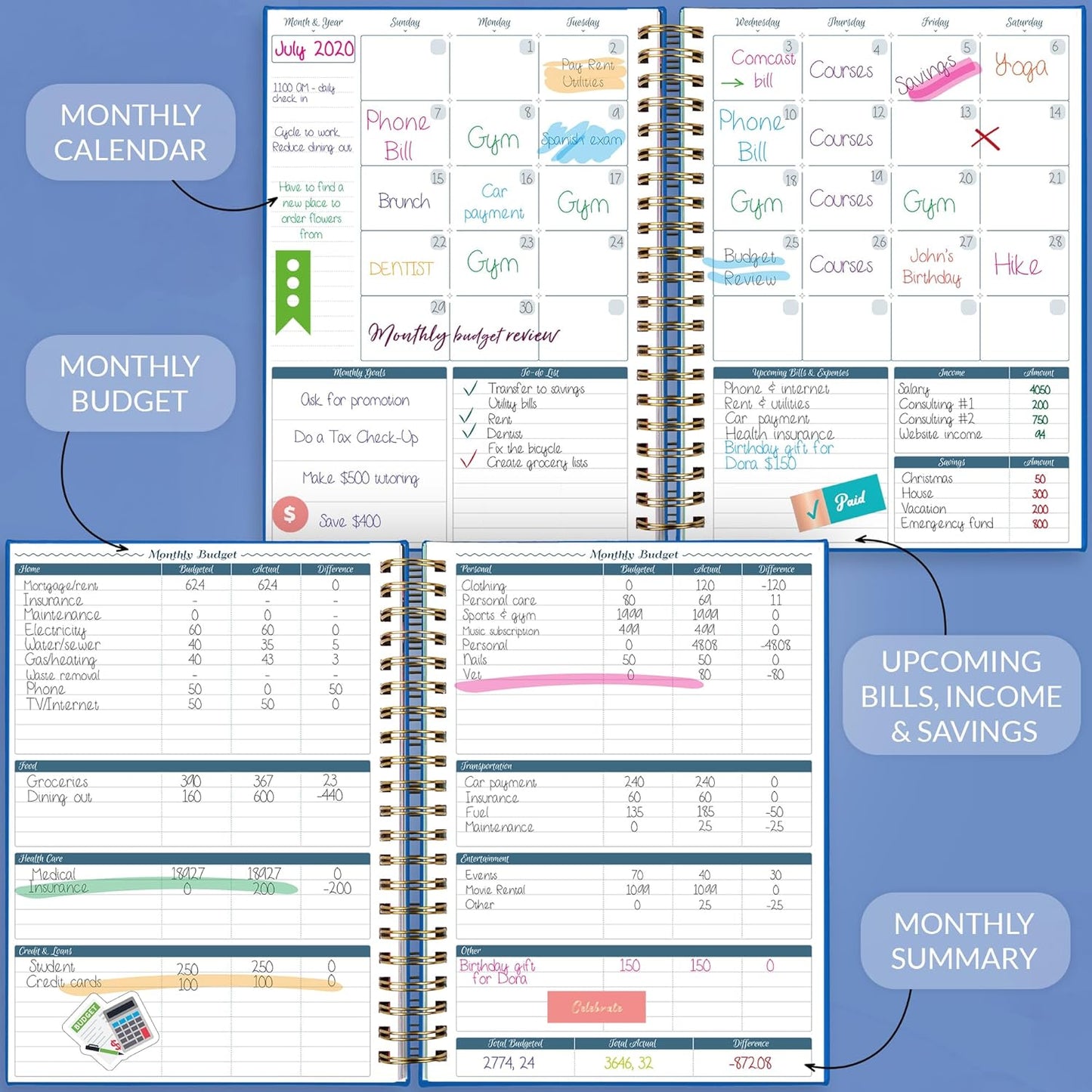 GoGirl Budget Planner & Monthly Bill Organizer – Monthly Financial Book with Pockets. Expense Tracker Notebook Journal, Large (Blue)