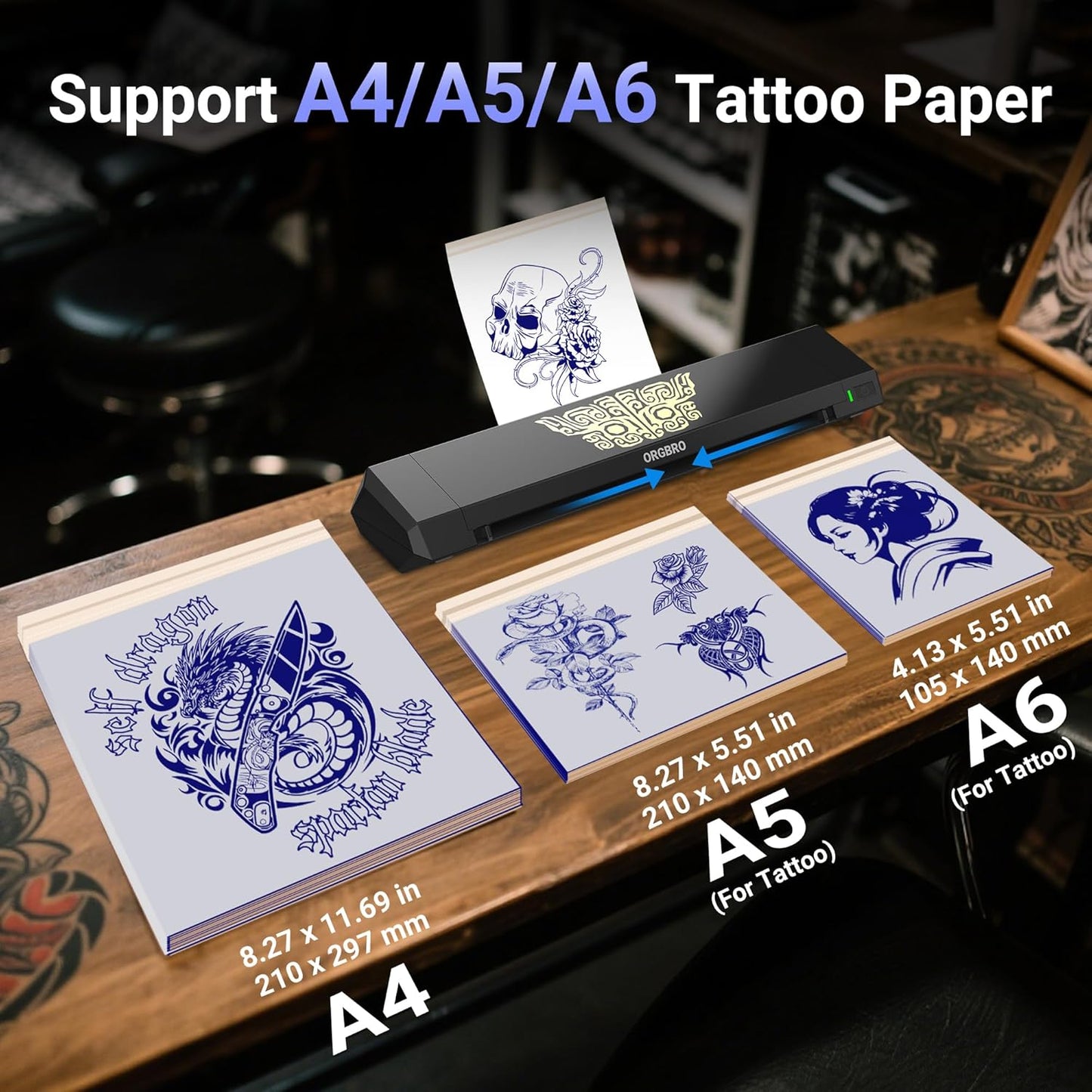 ORGBRO Tattoo Stencil Printer, X8 Thermal Tattoo Transfer Printer with 30pcs Transfer Paper, A4/A5/A6 3-in-1 Wireless Tattoo Machine for Tattoo Artists & Beginners, Compatible with Phone/Tablet/PC