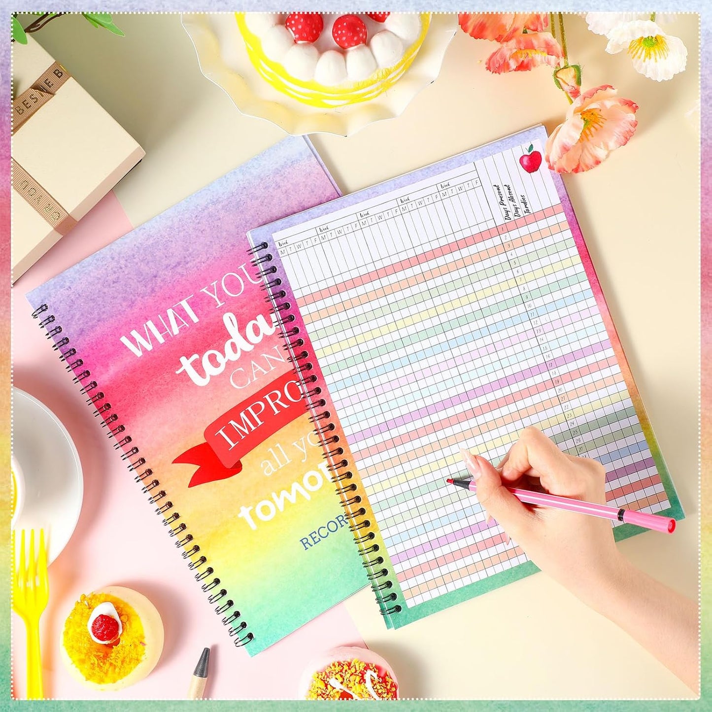 Faccito 8.3'' x 11'' Teacher Record Book 2025 Grade Book Undated Attendance Register Class Student Roster Monthly Reminder Grading Chart Gift for Elementary Classroom School Office(Watercolor Style)