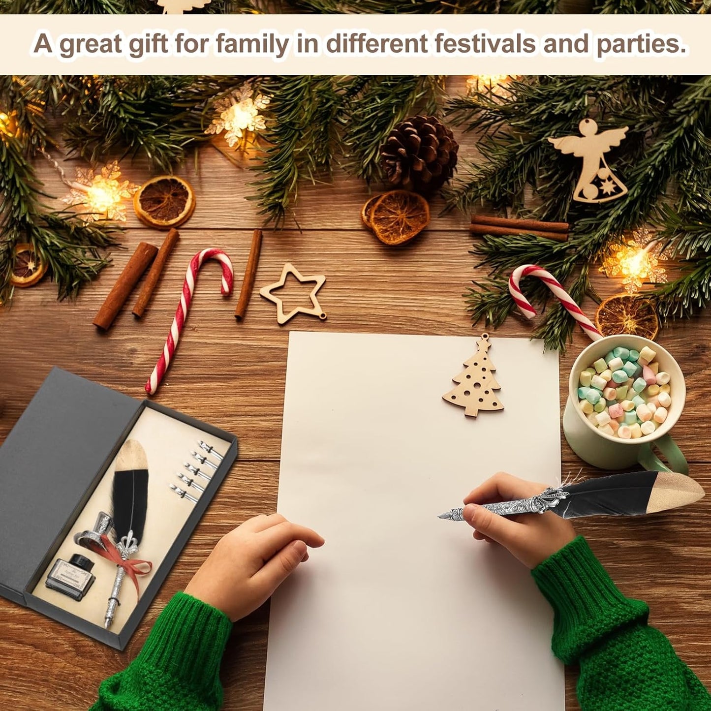 PATIKIL Feather Quill Pen Set, 1 Set Vintage Feather Calligraphy Pen Fountain Dip Pen Set with Ink, Pen Holder and Replacement Nibs for Beginner Writer Writing Gift, White