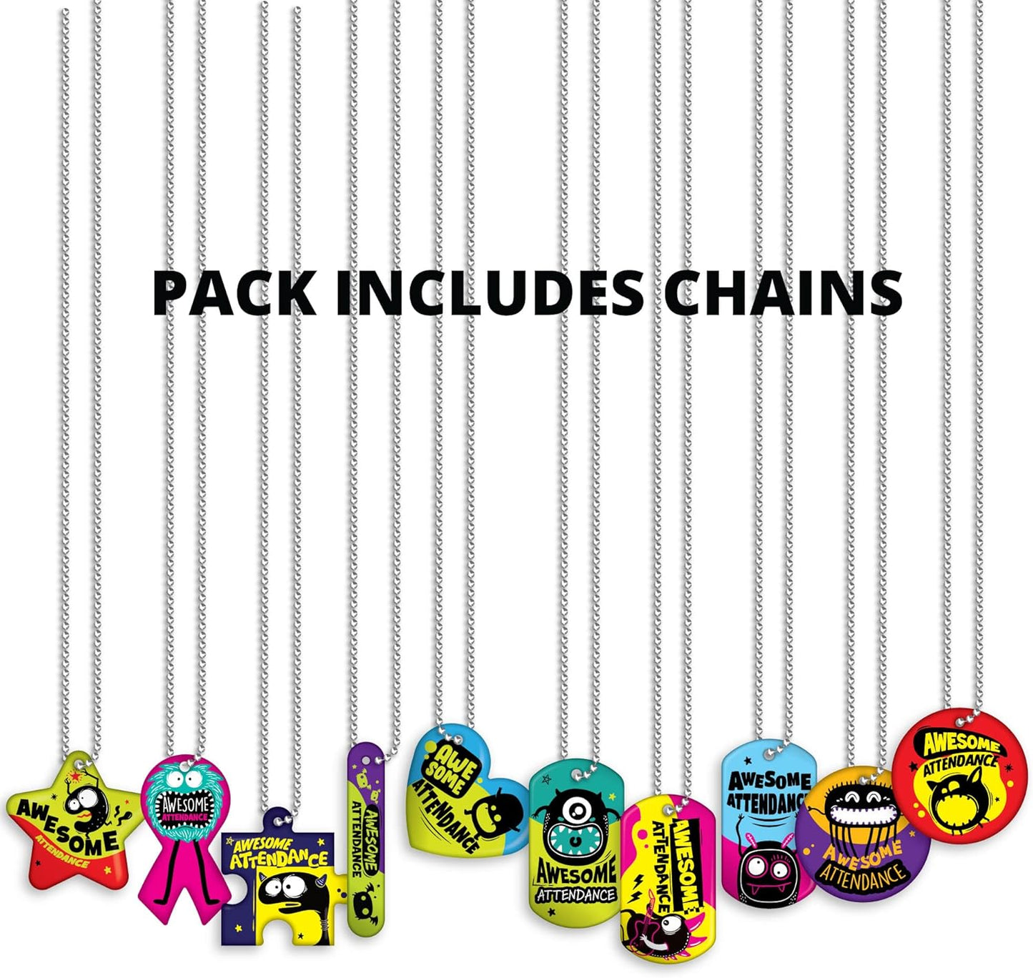 Brag Tags Fun Critters & Monsters Increase Attendance Incentives Value Pack: 500 Multicolor, Waterproof Teslin Brag Tags (50 Per Design) + 150 Hypoallergenic, USA-Made, 24" Aluminum Safety Chains
