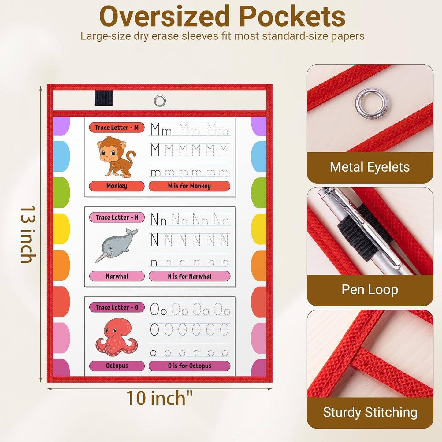 50 Pack Oversized Dry Erase Pocket Sleeves - 10 x 13 Inch Ticket Holders Reusable Clear Plastic Sleeves Sheet Page Protectors for School Teacher Supplies & Classroom Organization, 5 Colors