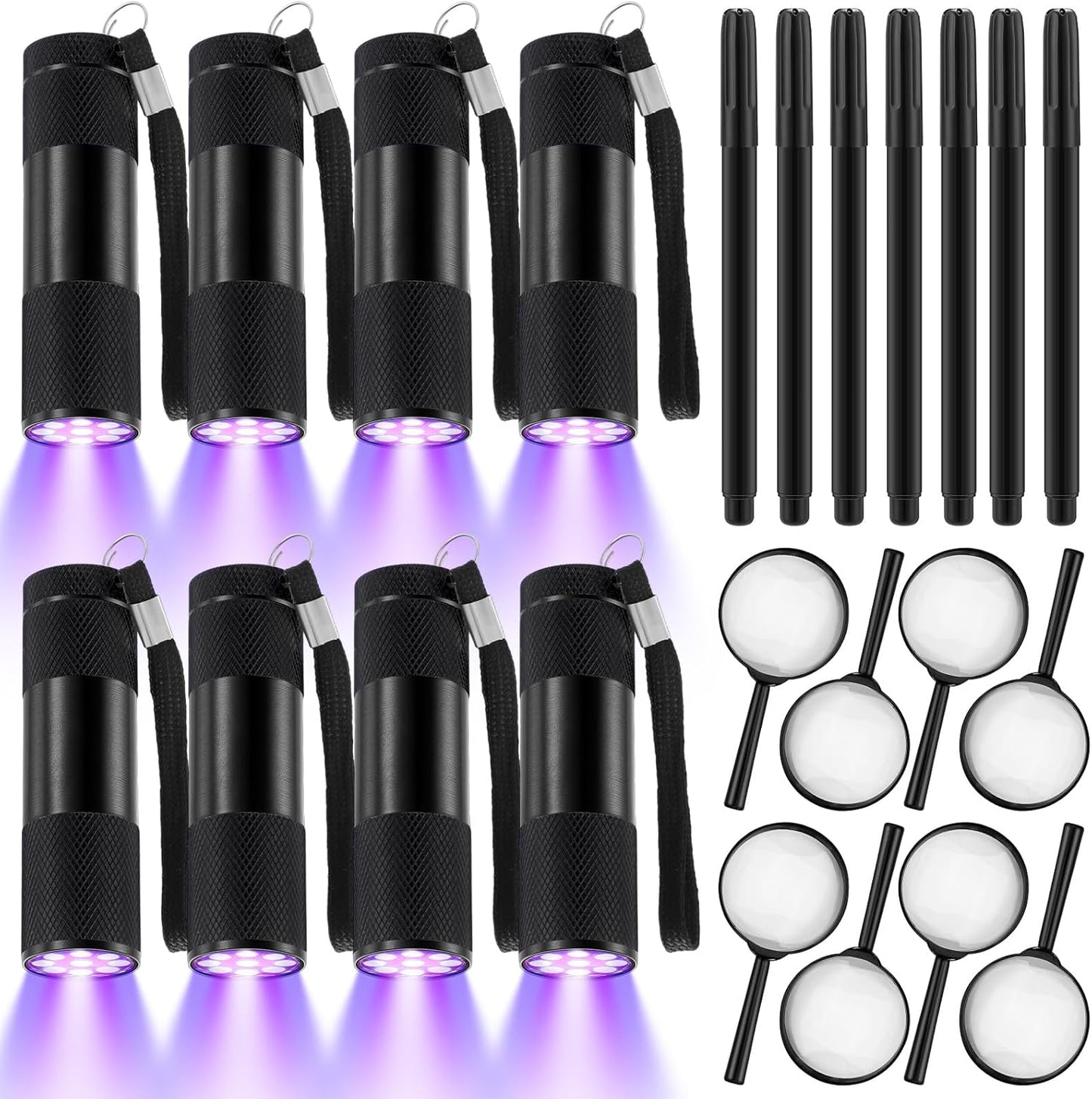 Tegeme 24 Invisible Ink Marker Set 8 Invisible Ink Pen 8 Mini UV Flashlight 8 Magnifying Glasses Blacklight Markers for Halloween Christmas Detective Kit Escape Room Prizes Gift Party Favors